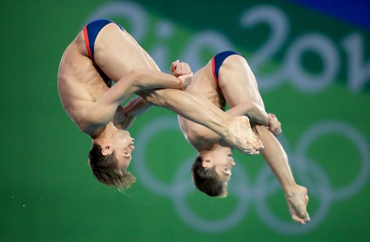 Tom Daley (left) and Daniel Goodfellow performing in the men's synchronised 10m platform final