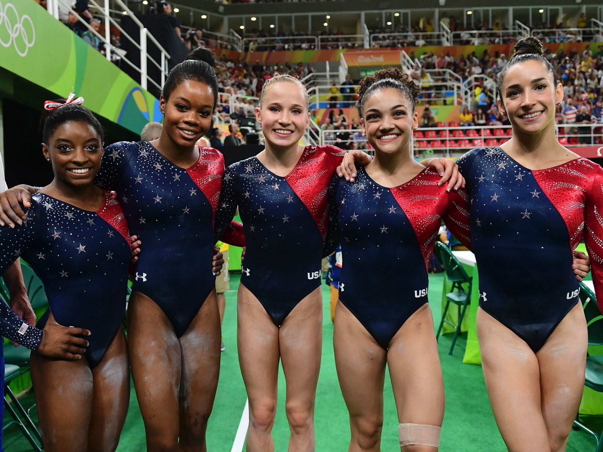 (L-R) US gymnast Simone Biles, US gymnast Gabrielle Douglas, US gymnast Madison Kocian, US gymnast Lauren Hernandez and US gymnast Alexandra Raisman