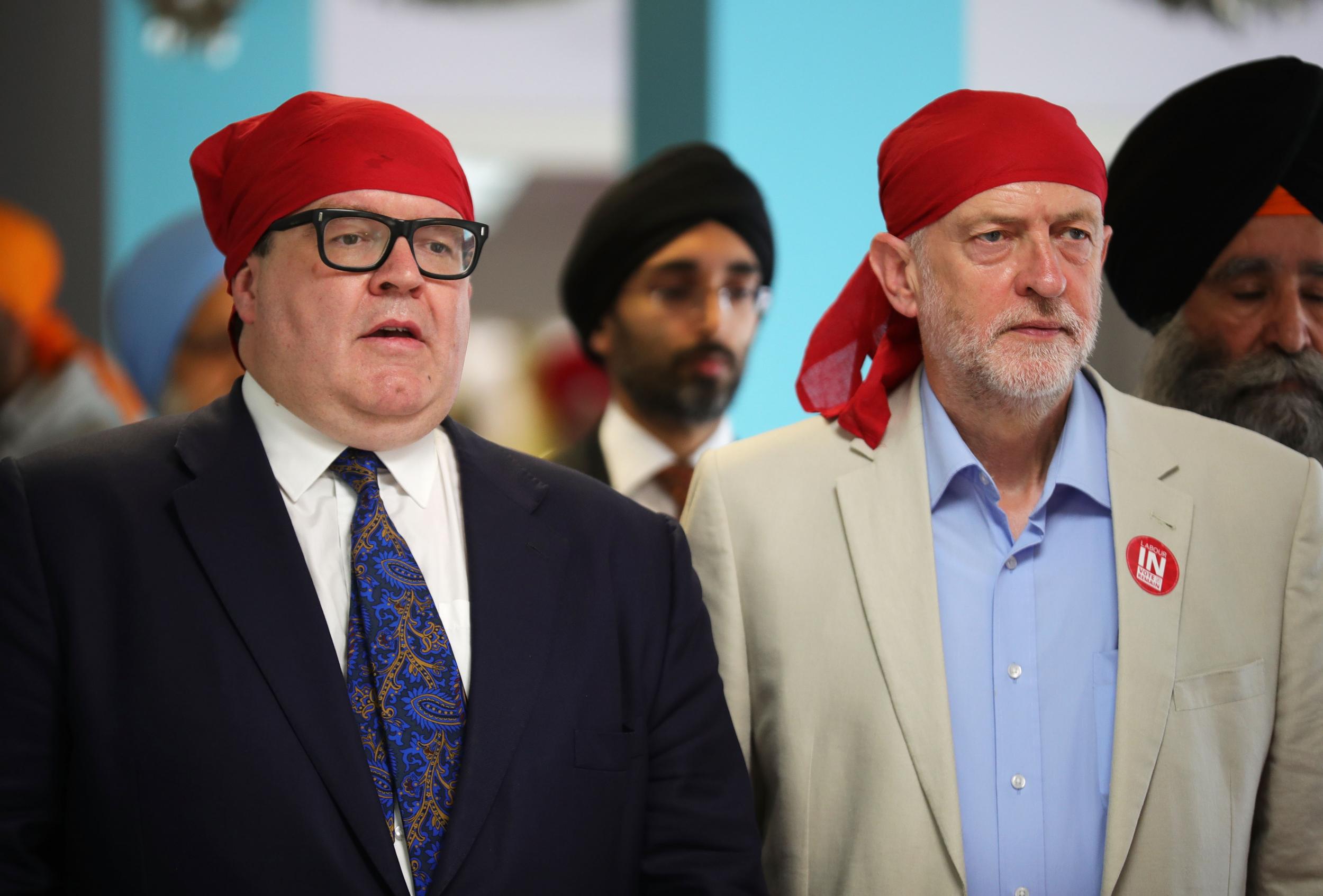 Tom Watson and Jeremy Corbyn earlier this year at the Guru Har Rai Gurdwara Sahib temple in West Bromwich