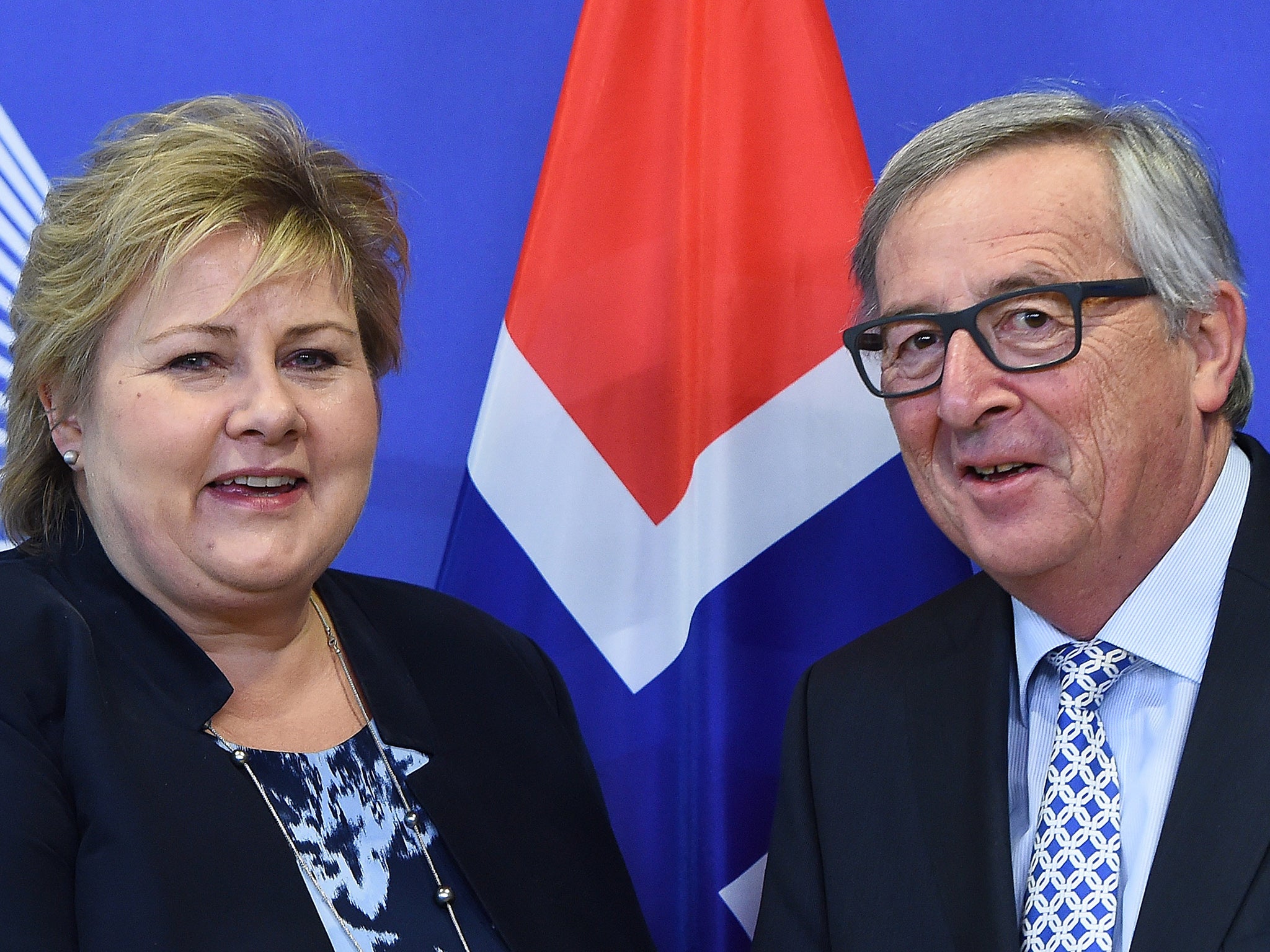 Norway's Prime Minister Erna Solberg and European Commission President Jean-Claude von Juncker