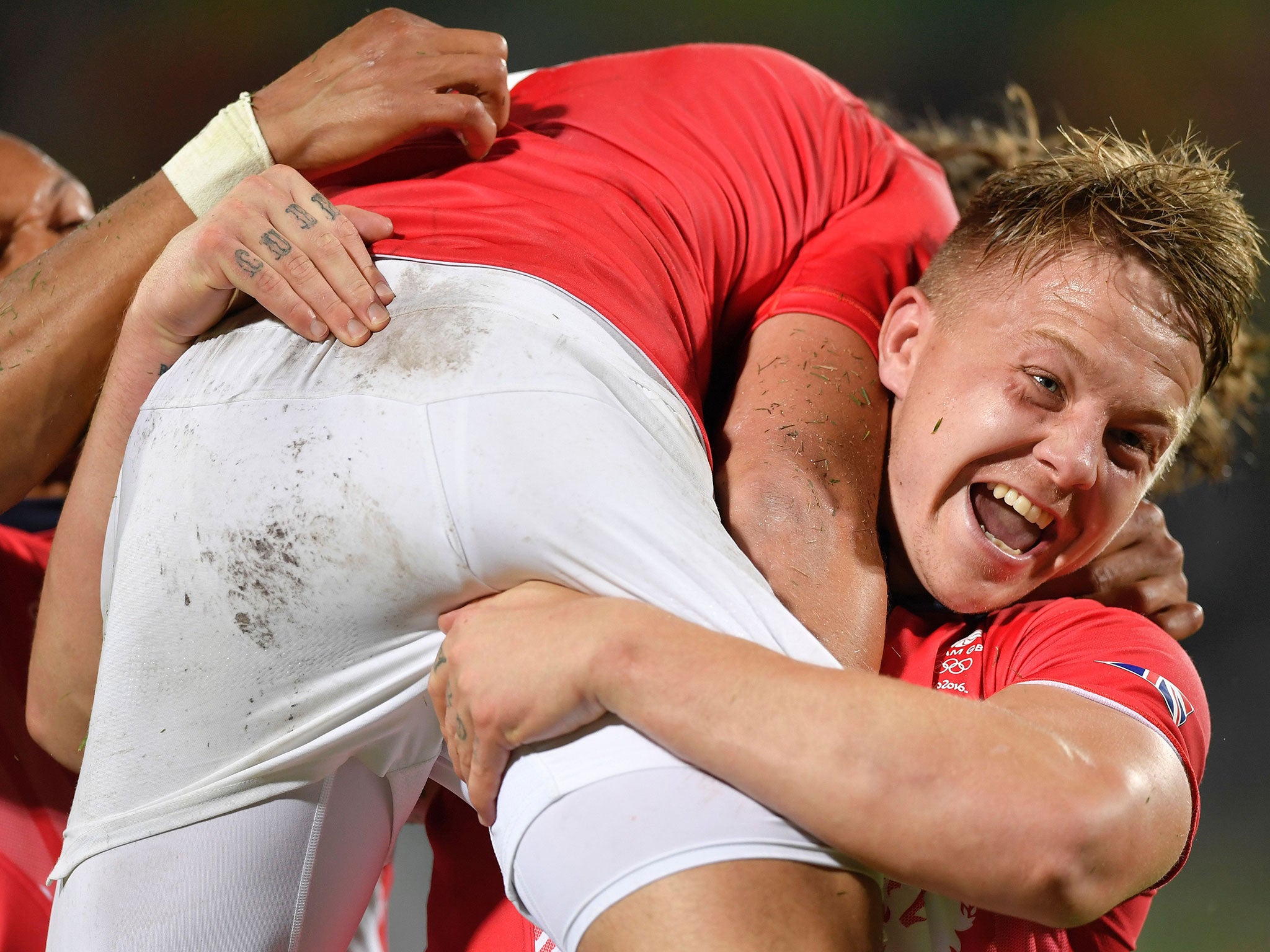 Davies celebrates with Bibby after the sudden death victory