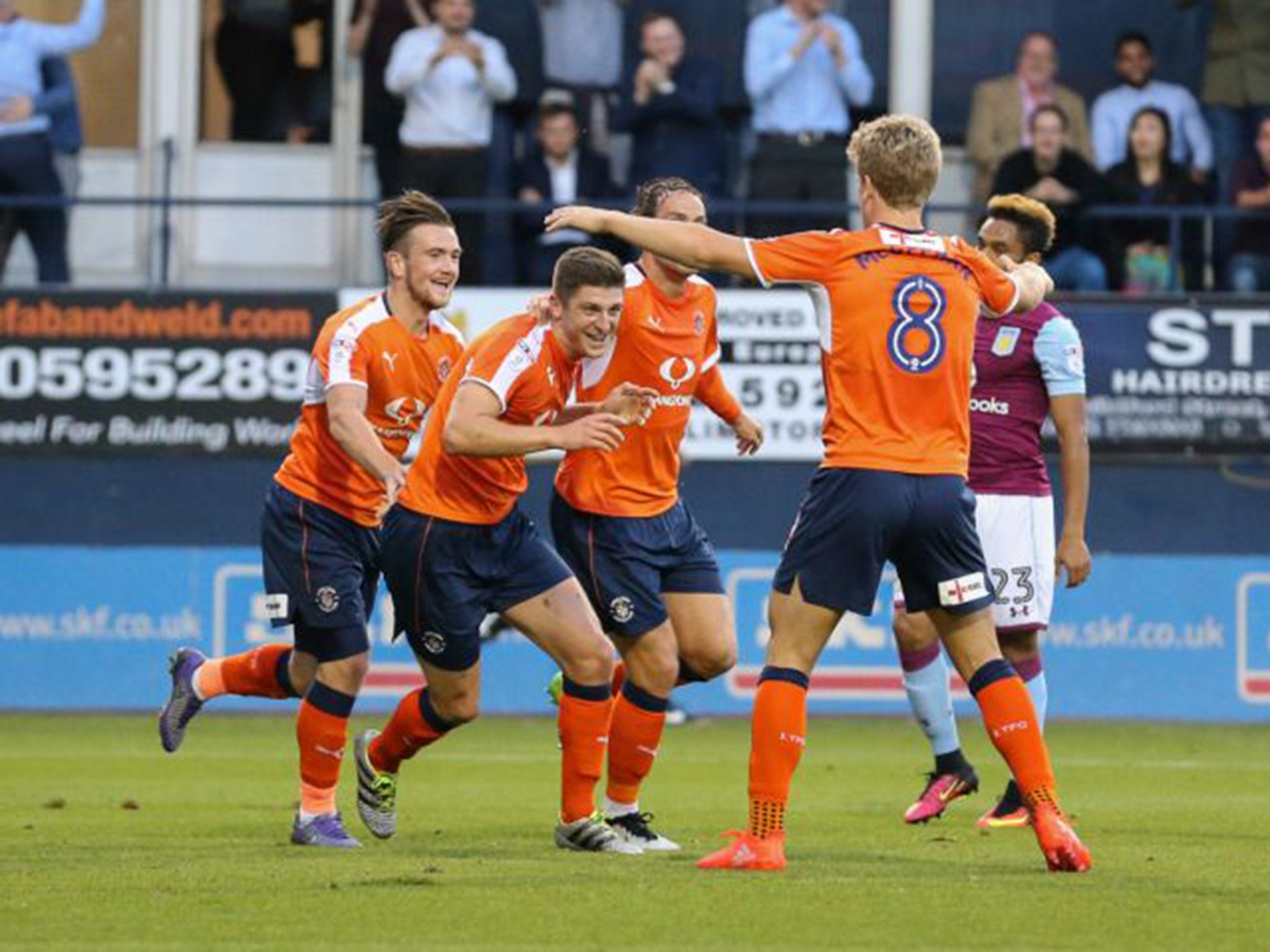 Jake Gray celebrates after scoring for Luton against Aston Villa