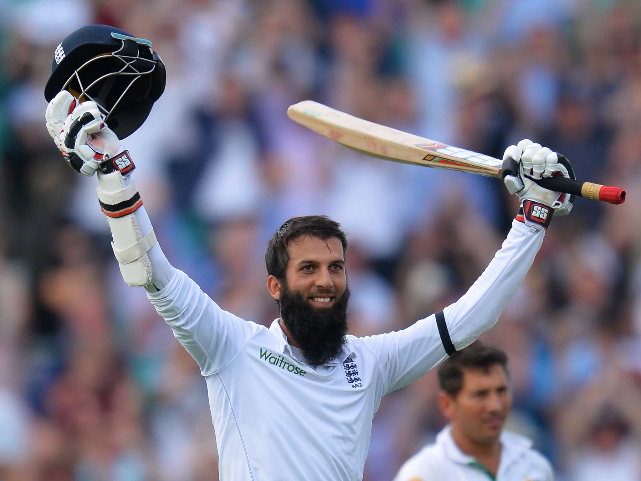 Moeen Ali celebrates his third Test hundred