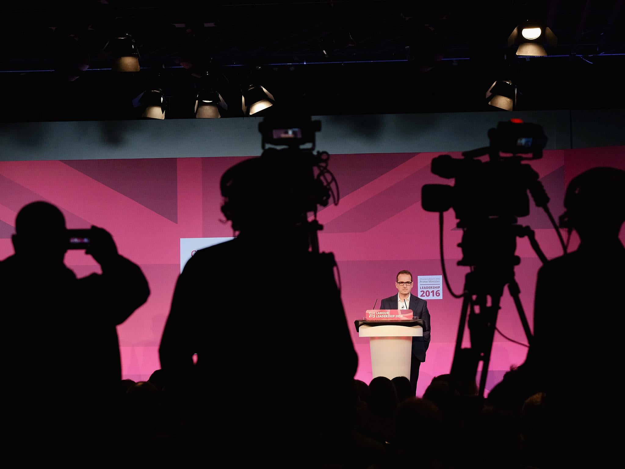 Owen Smith was doubled over with laughter following a power cut which plunged the debate into temporary darkness