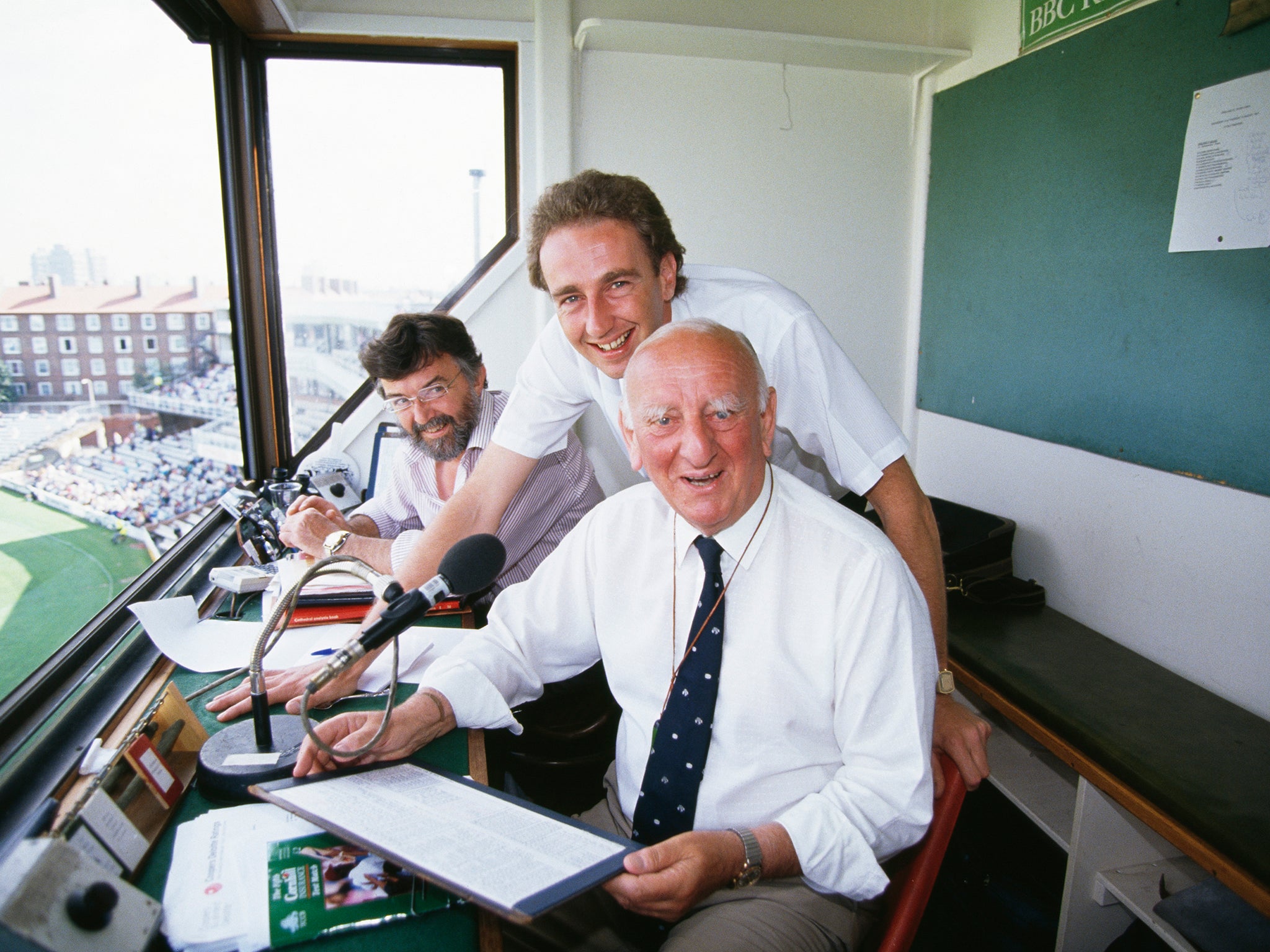 From left to right, sports commentators Bill Frindall, Jonathan Agnew and Brian Johnston at the Oval in 1991, during the fifth test match between England and the West Indies