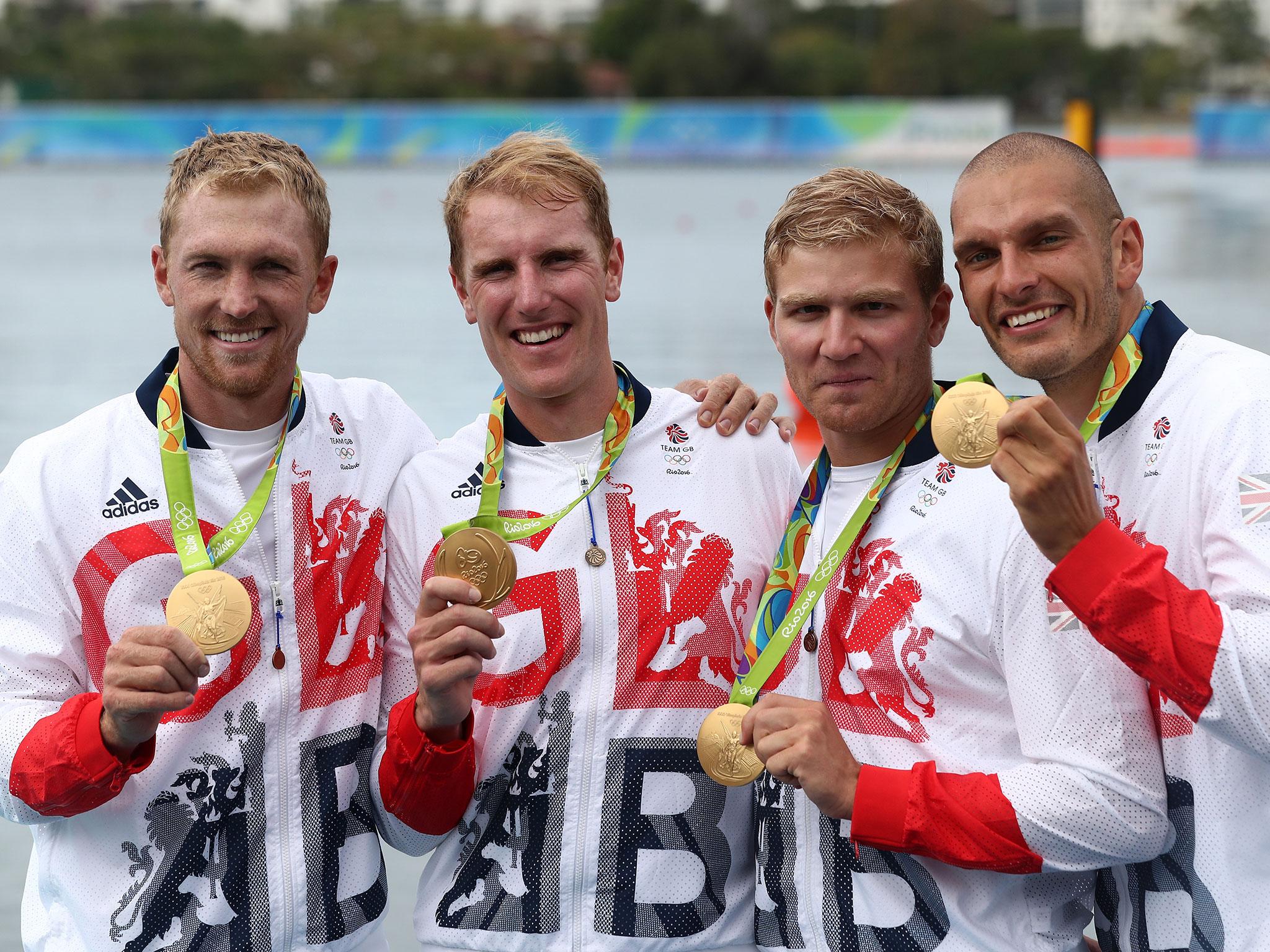 Constantine Louloudis, Alex Gregory, George Nash and Mohamed Sbihi with their medals