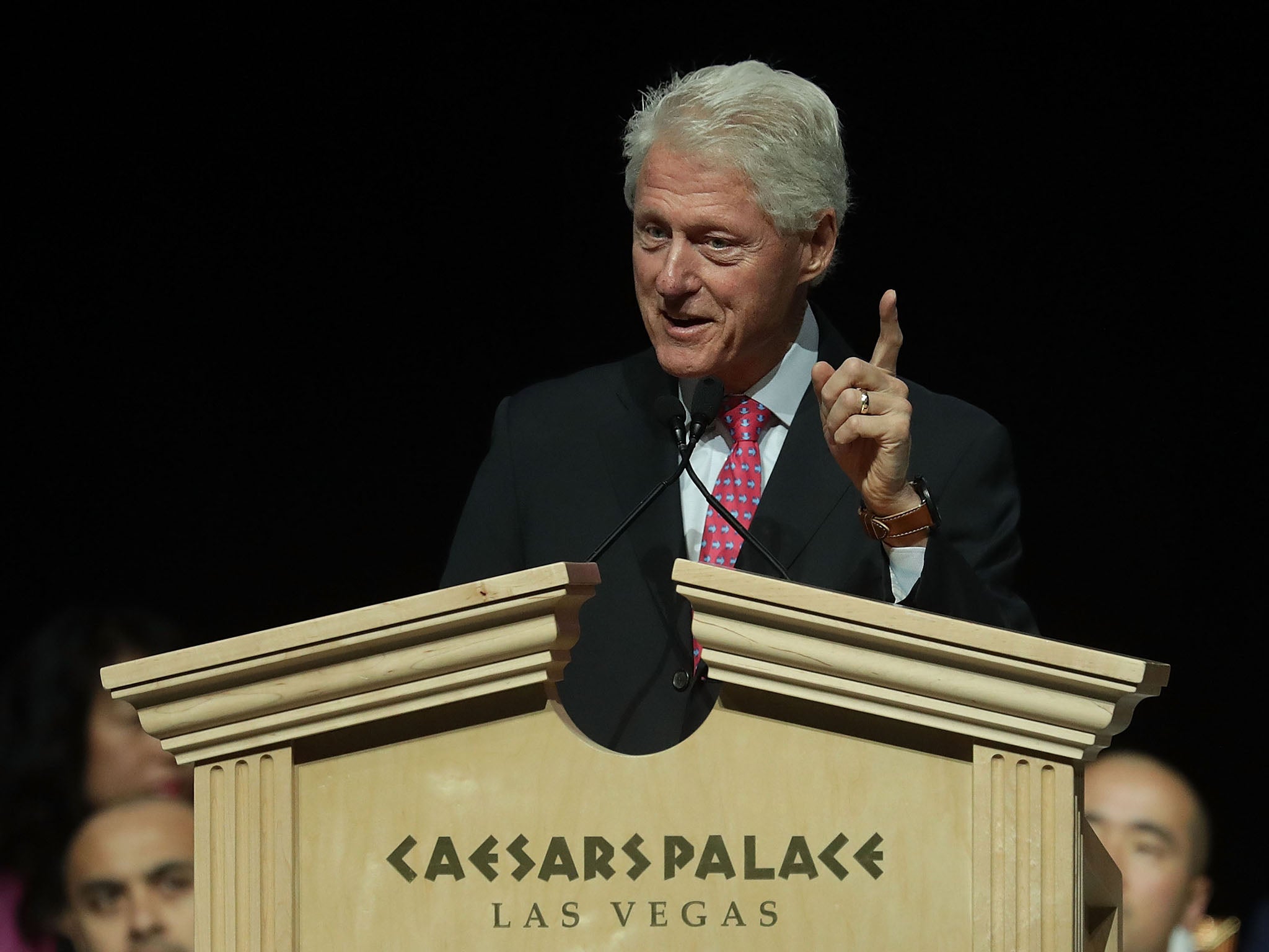 Bill Clinton speaks at a casino in Las Vegas in support of his wife Hillary’s presidential bid