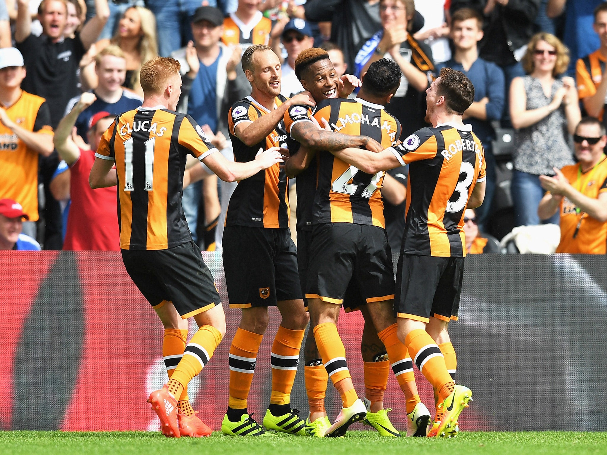 Hull players celebrate after taking the lead against champions Leicester