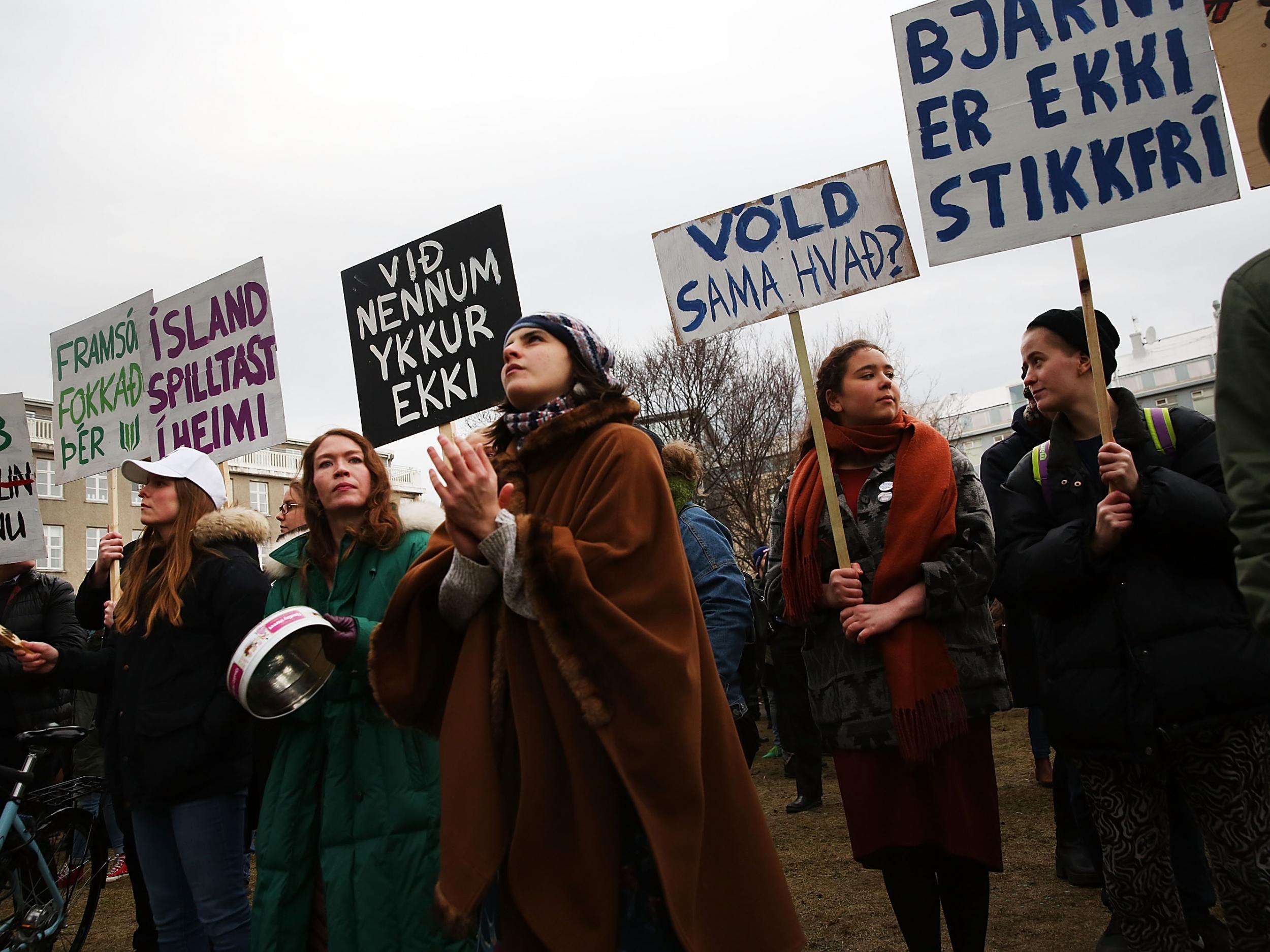 Protesters gather outside of the Parliament building in Reykjavik, Iceland following the government shake-up in the wake of the Panama Papers crisis