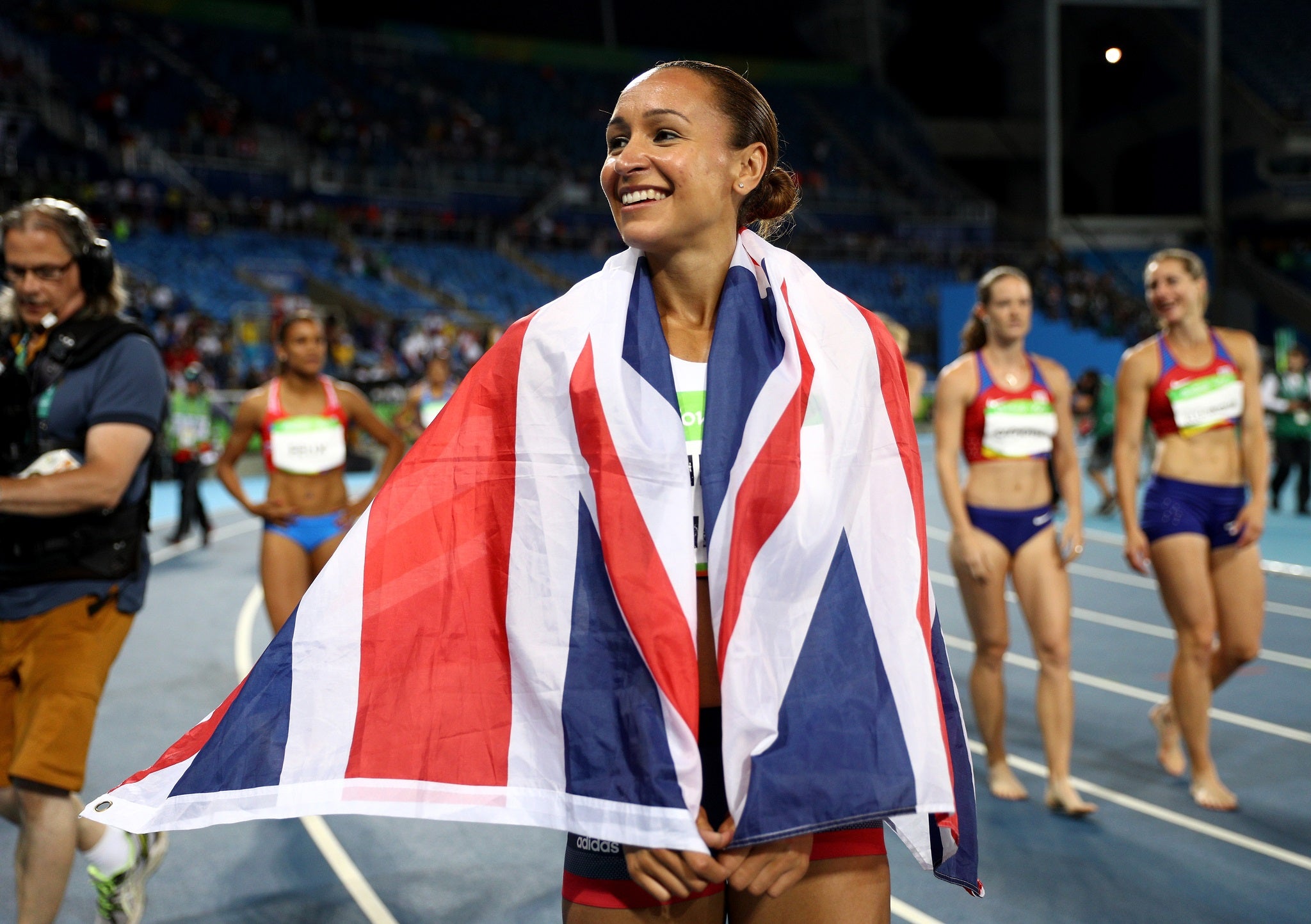 Jessica Ennis-Hill celebrates her silver medal in the women's heptathlon