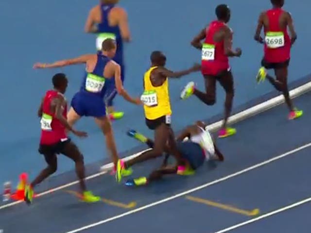 Mo Farah was accidentally knocked to the ground by his training partner Galen Rupp