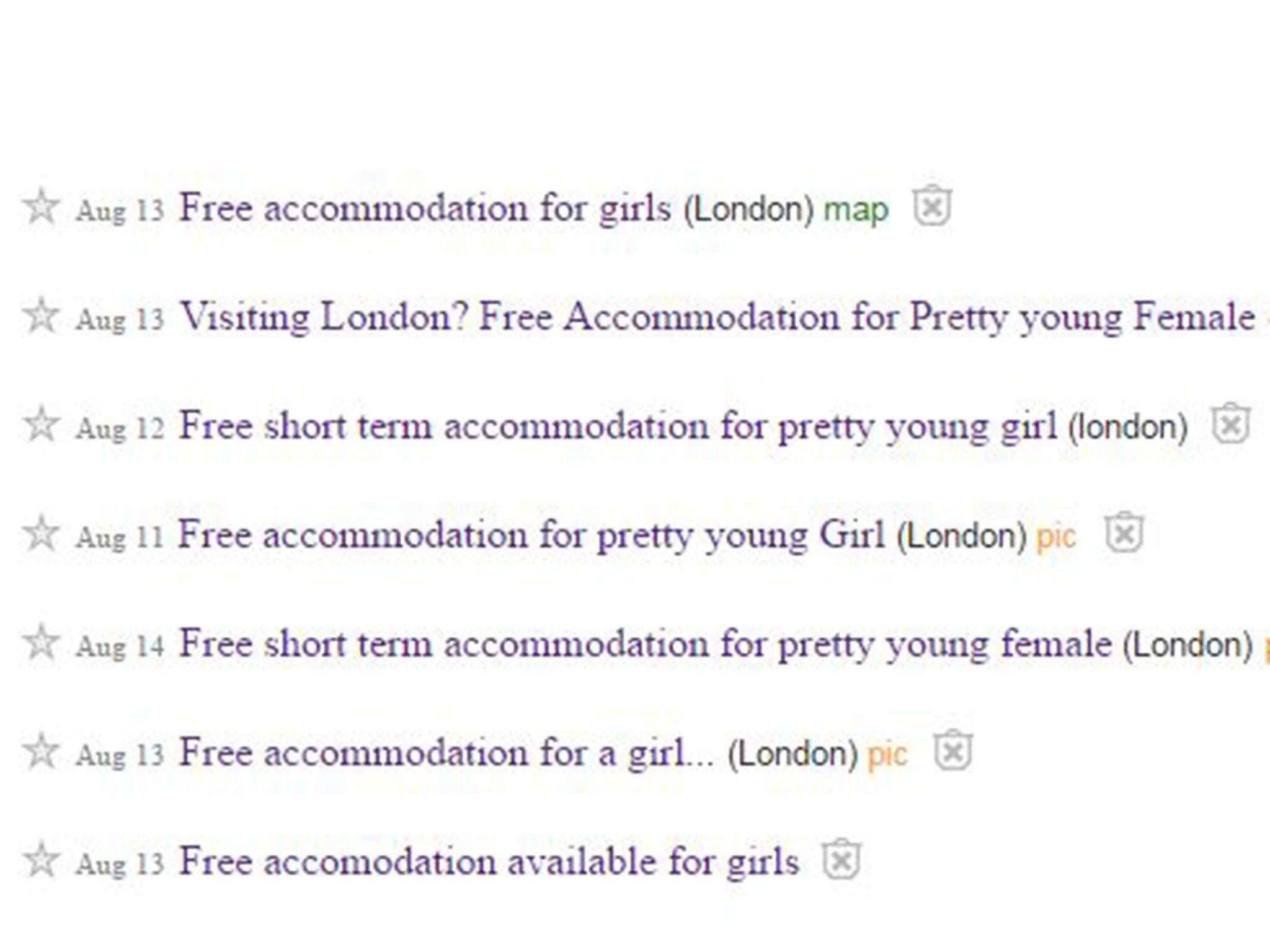 Dozens of adverts on Craigslist advertise free accommodation for young women
