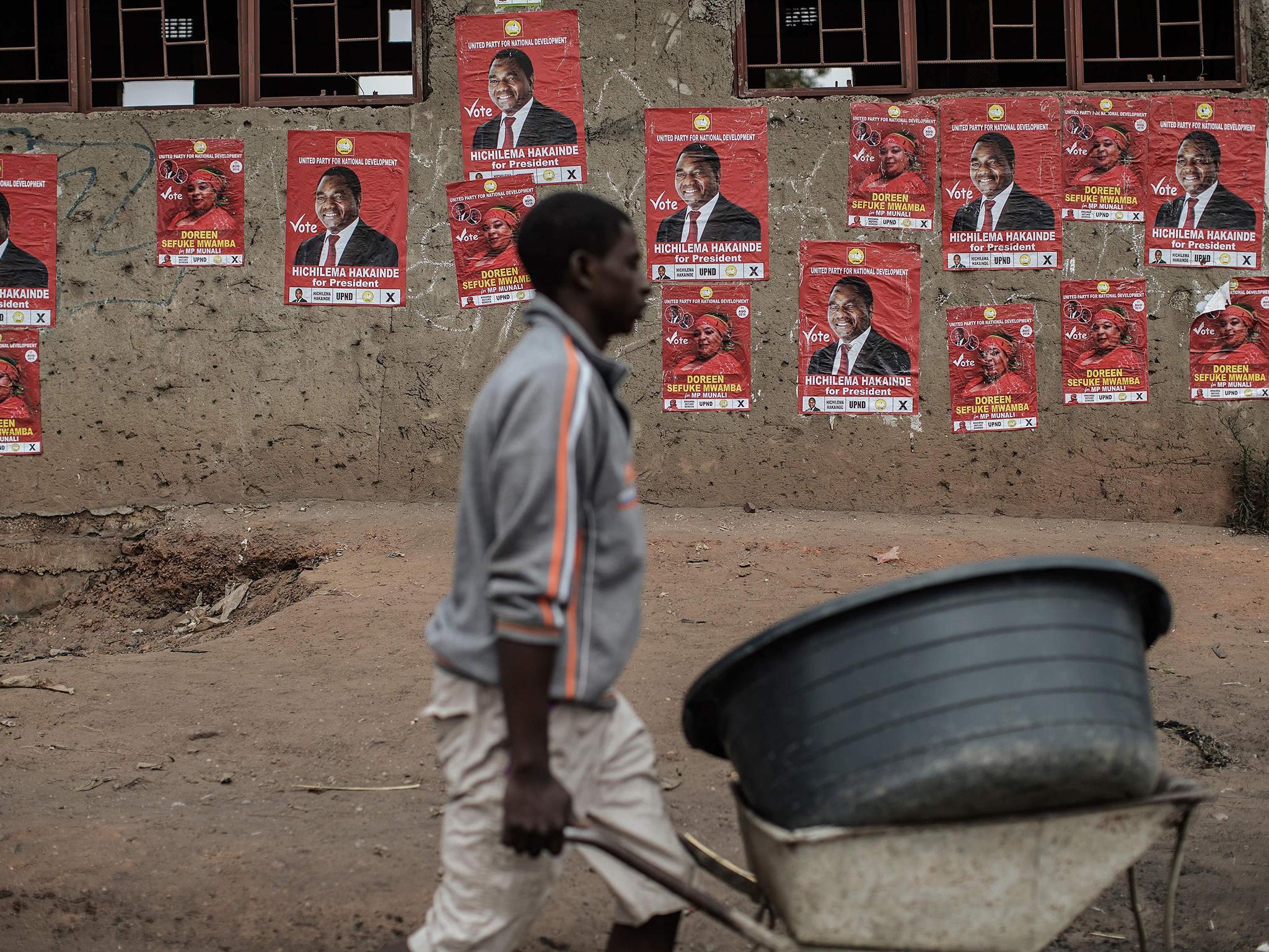 Campaign posters for Zambian Opposition party leader Hakainde Hichilema