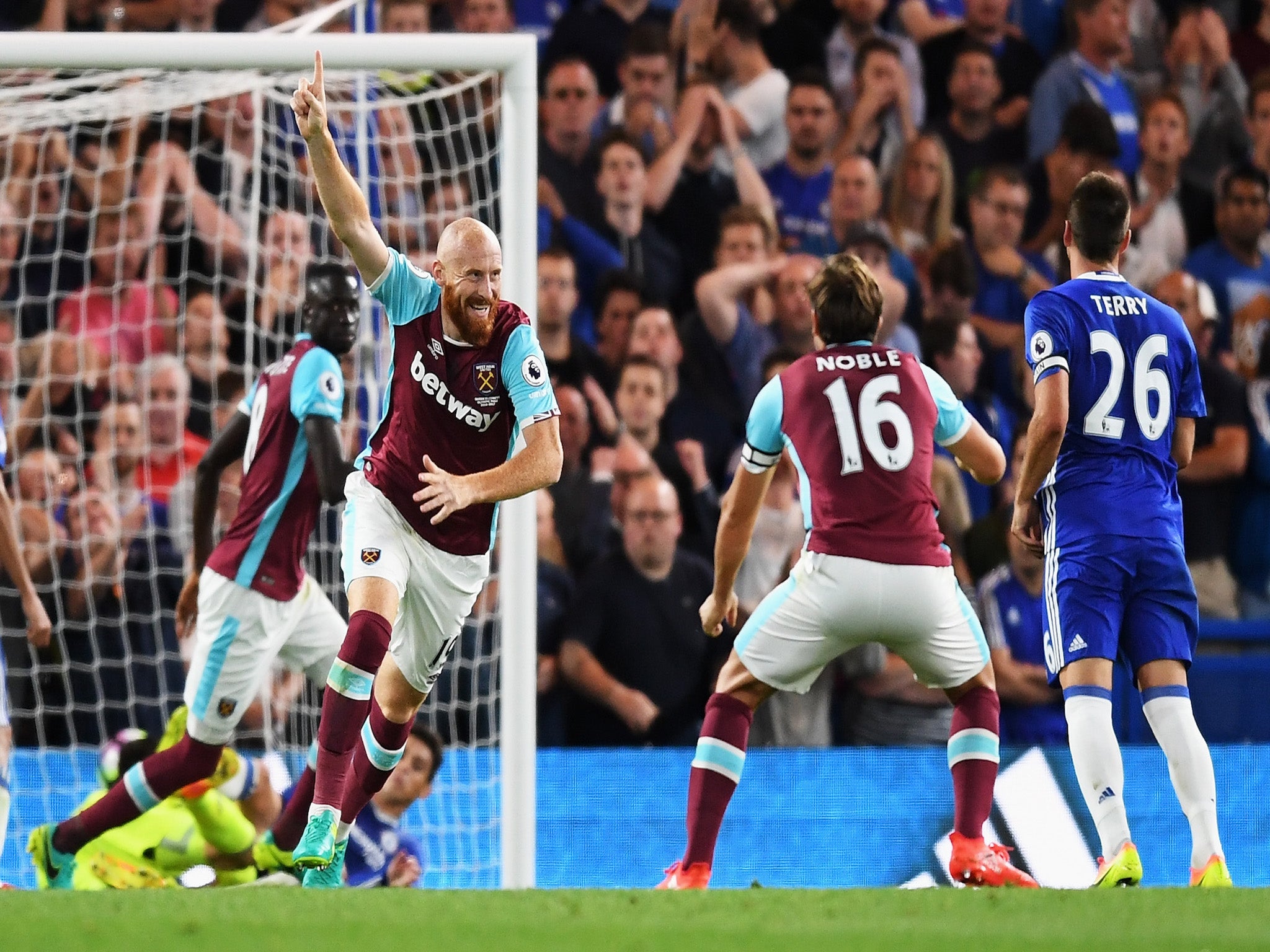 James Collins celebrates scoring the leveller for West Ham