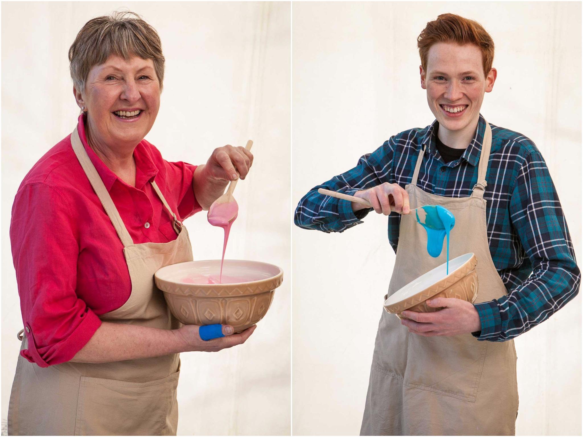 Female bakers were given pink icing to whisk and male bakers blue icing in the new promo shots