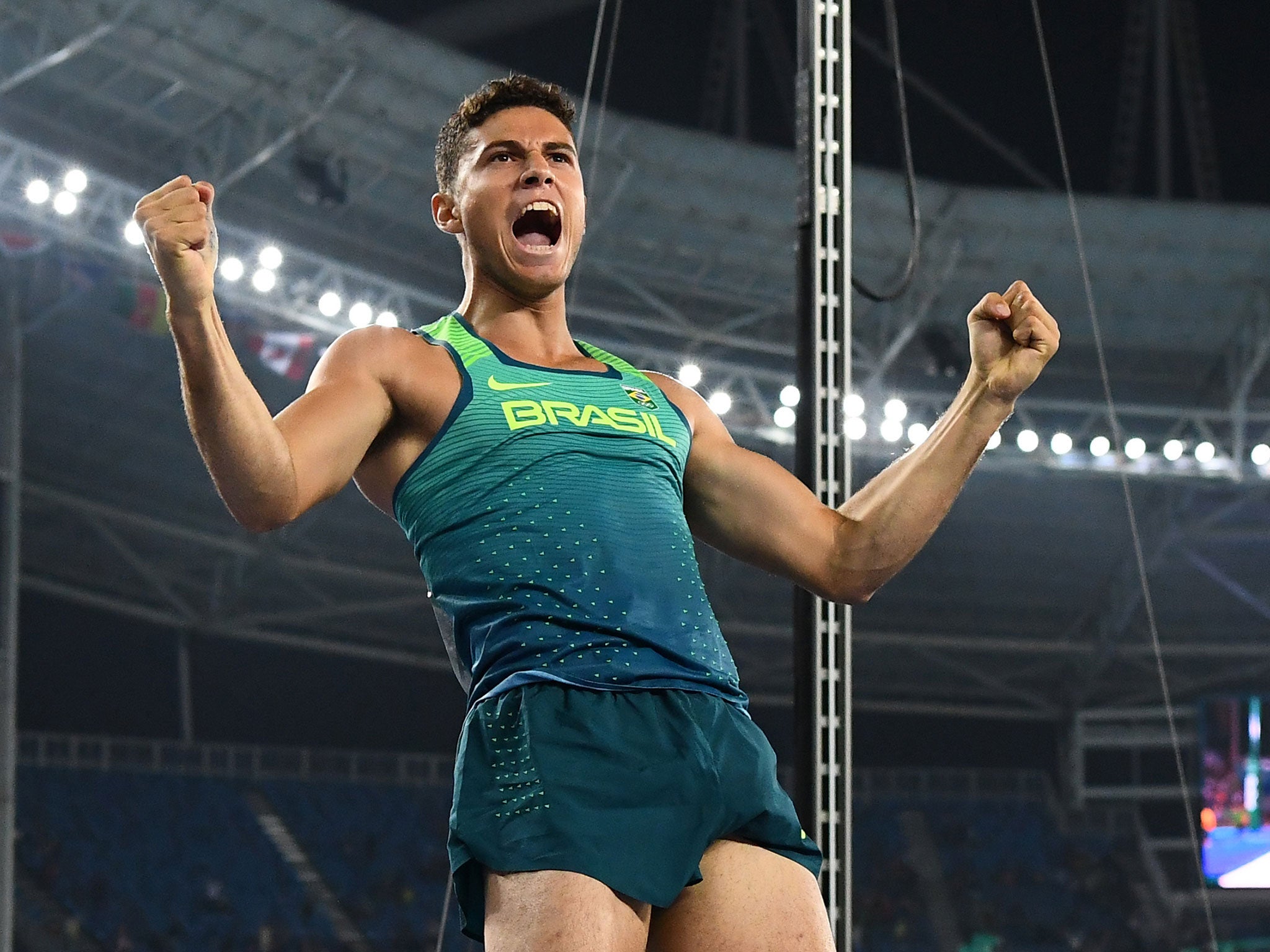 &#13;
Thiago Braz da Silva celebrates after clearing the 6.03m mark &#13;