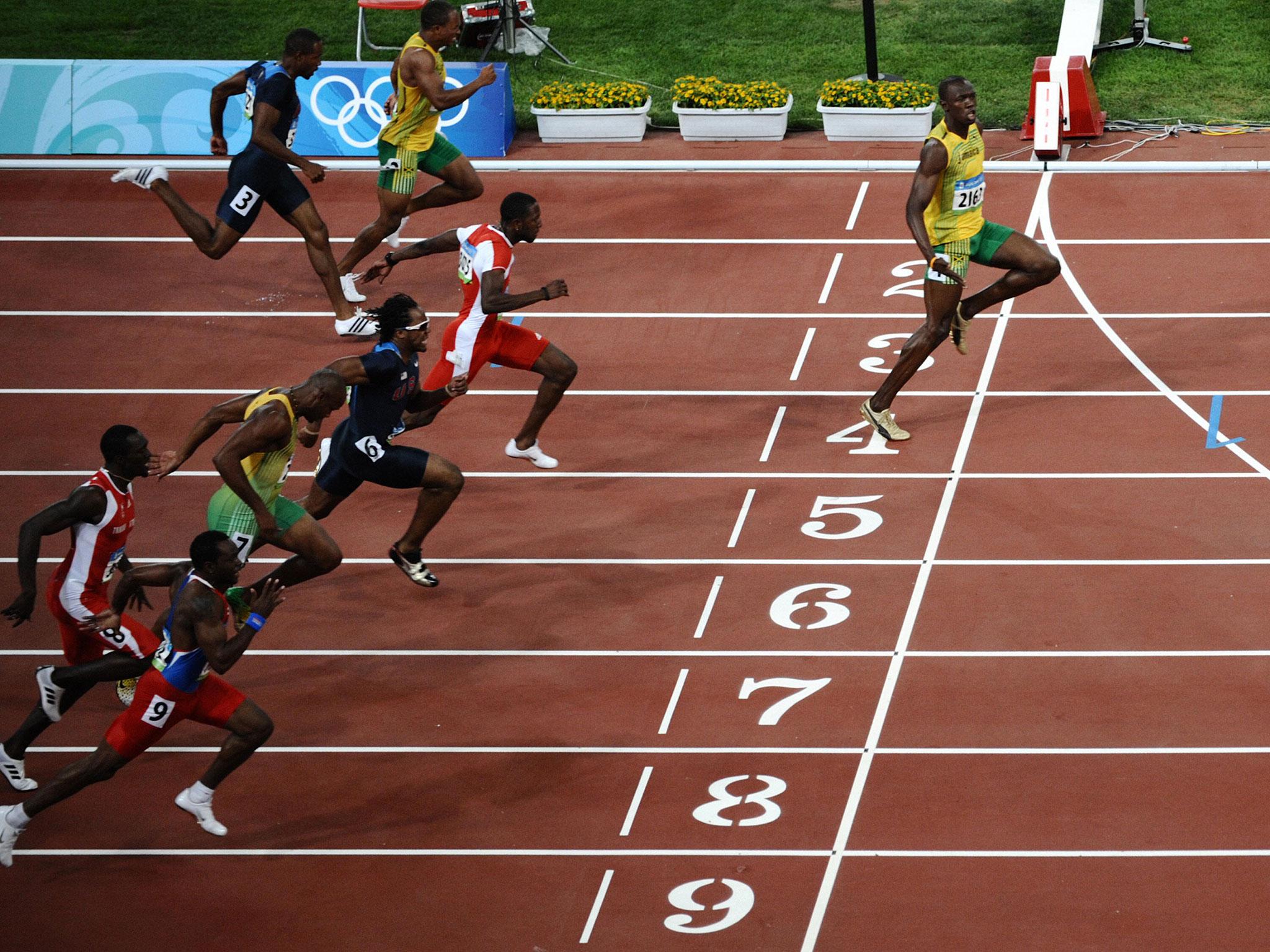 Bolt wins his first Olympic gold after destroying the competition in Beijing.