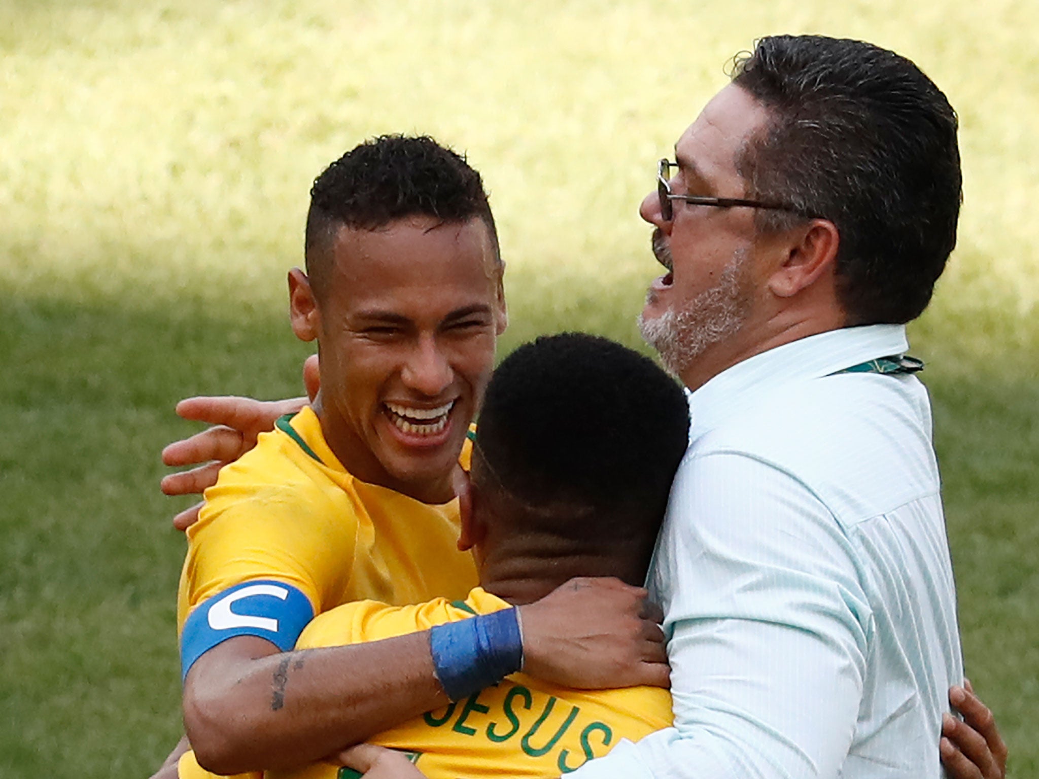 Rogerio Micale, right, celebrates with Neymar and Gabriel