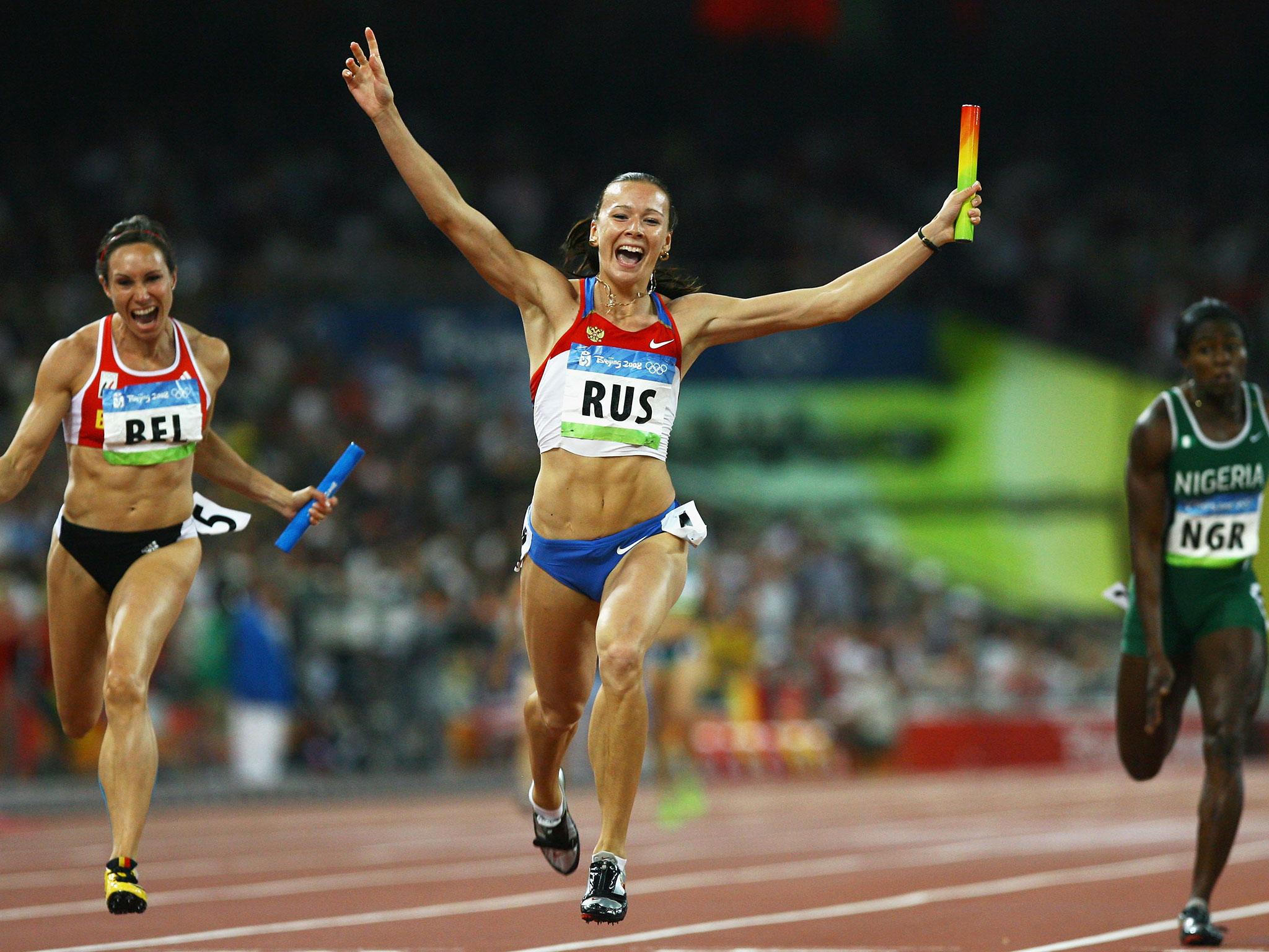 Yuliya Chermoshanskaya of Russia celebrates winning the Women's 4 x 100m Relay Final at the National Stadium on Day 14 of the Beijing 2008 Olympic Games on 22 August, 2008, in Beijing, China