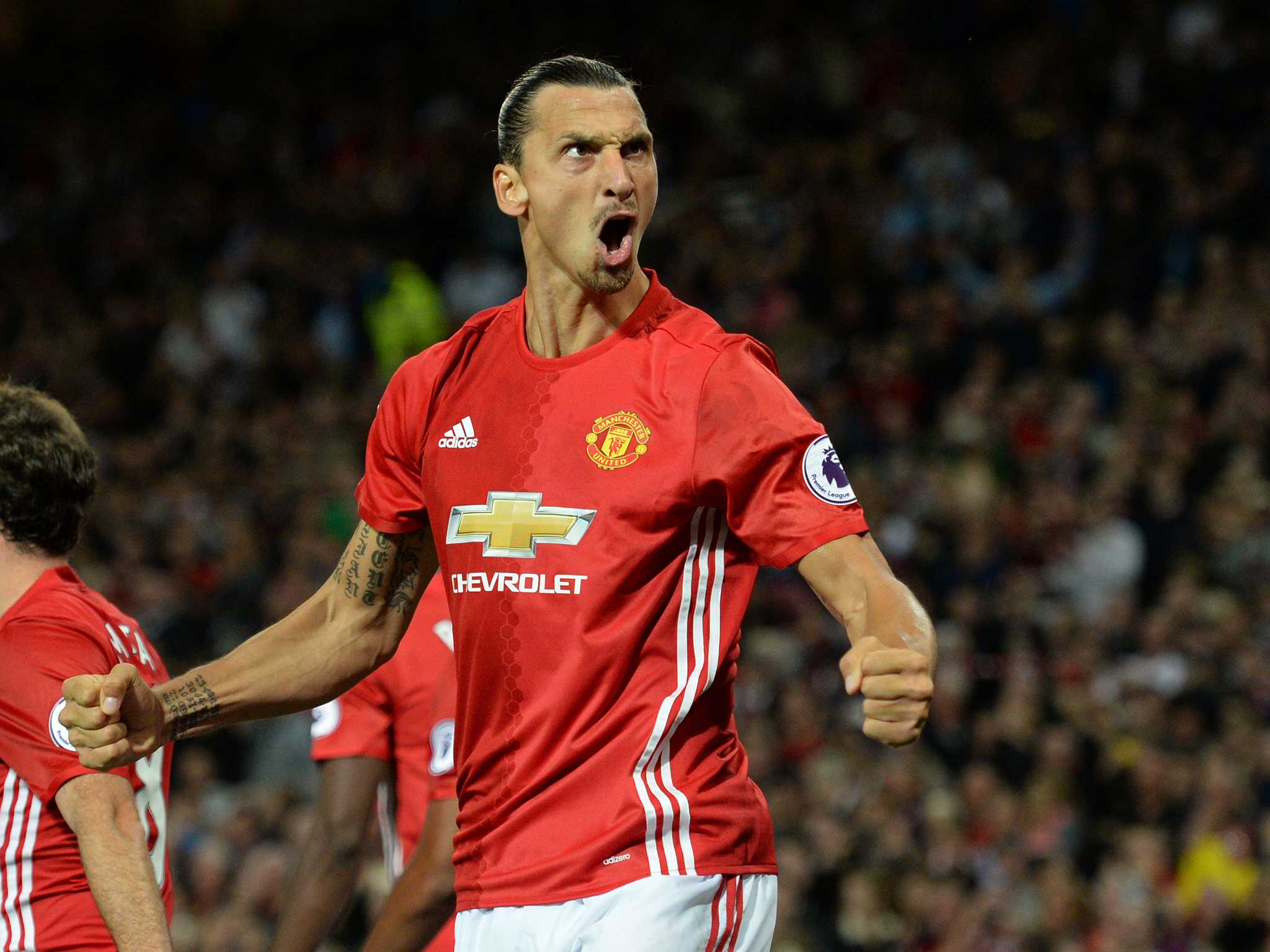 Zlatan Ibrahimovic celebrates his second of two strikes against Southampton