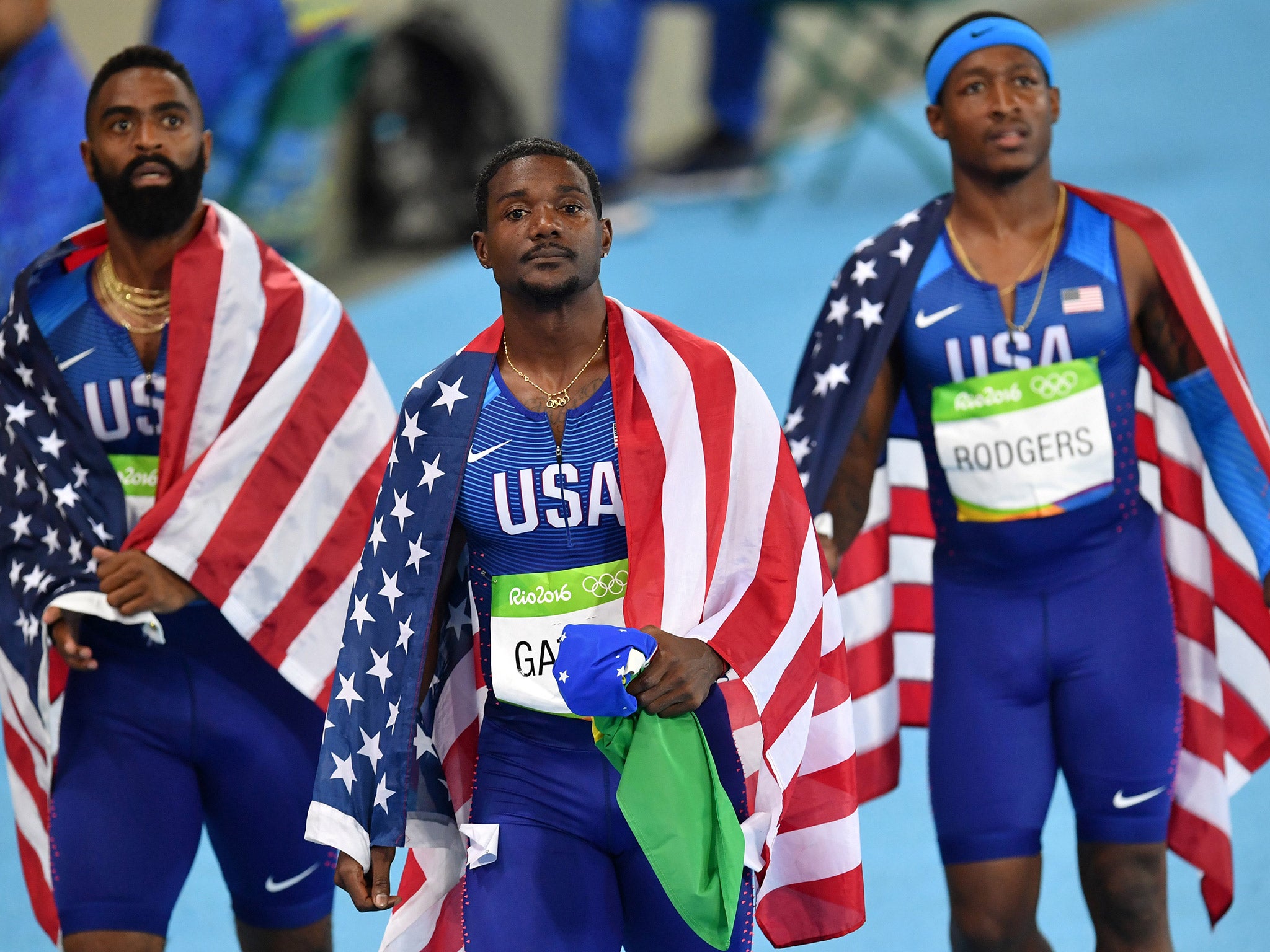 Tyson Gay, Justin Gatlin and Mike Rodgers react to being disqualified