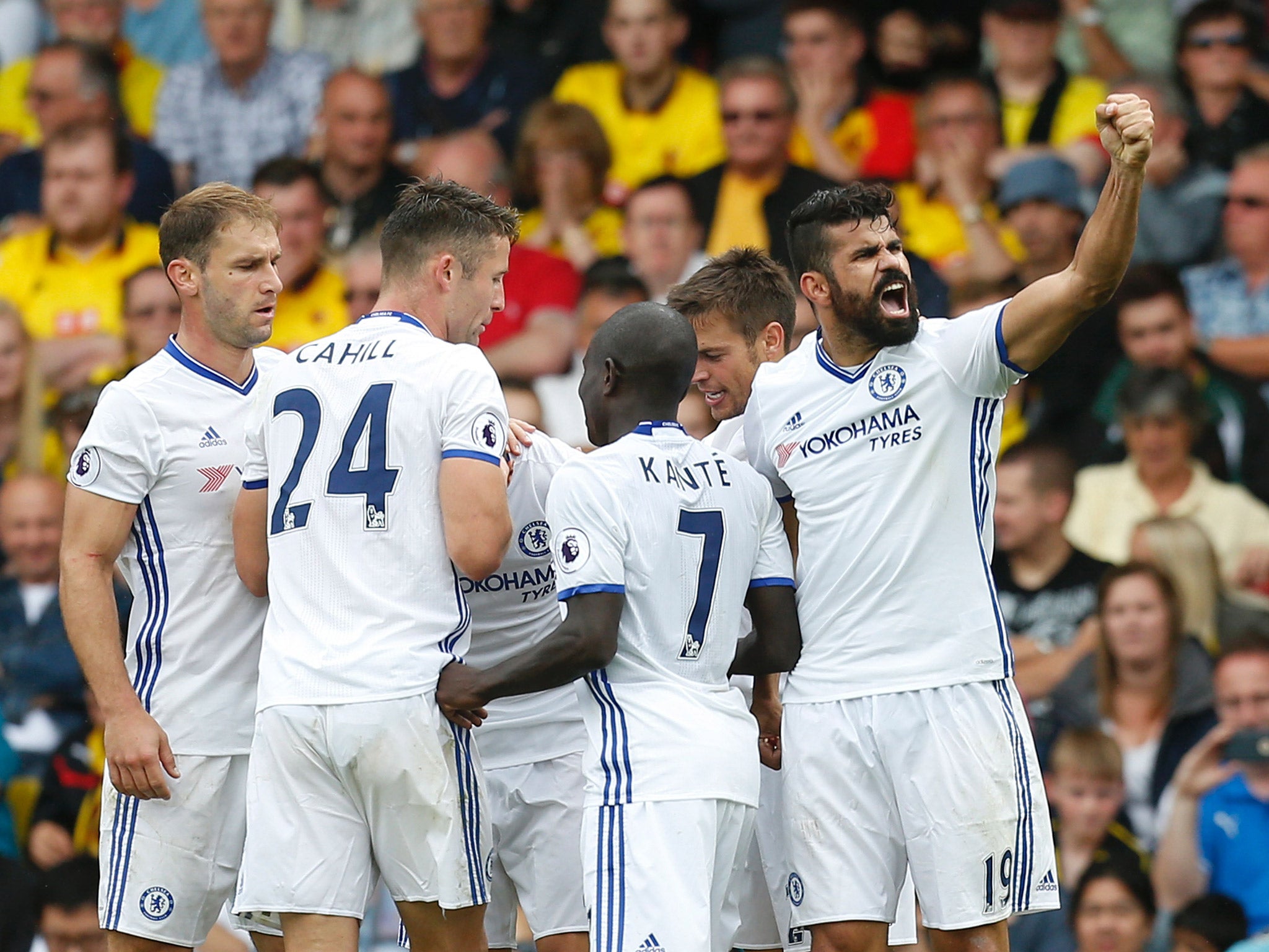 Diego Costa celebrates scoring Chelsea's second winning goal in less than a week