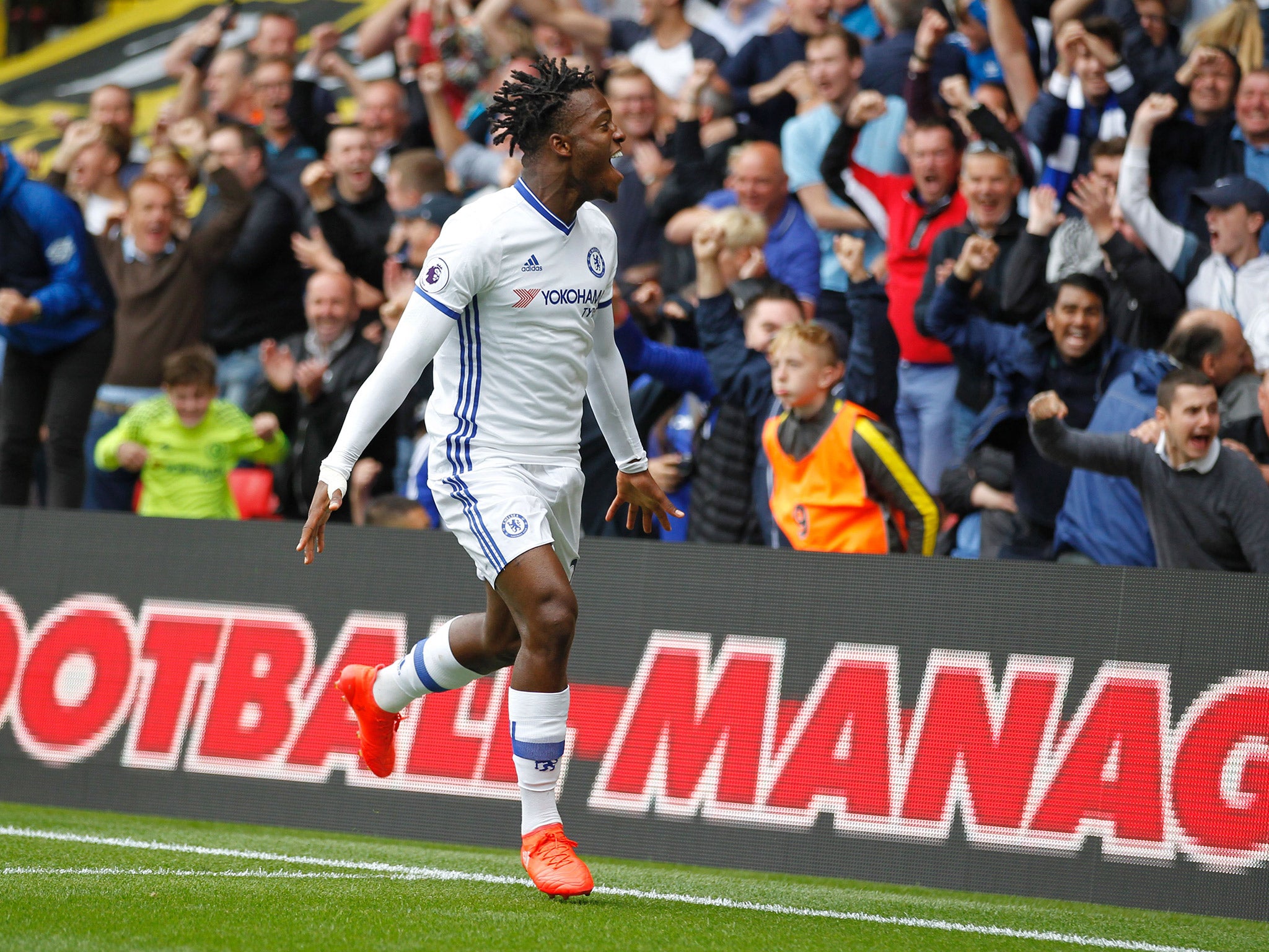 Michy Batshuayi celebrates opening his account for Chelsea by scoring against Watford