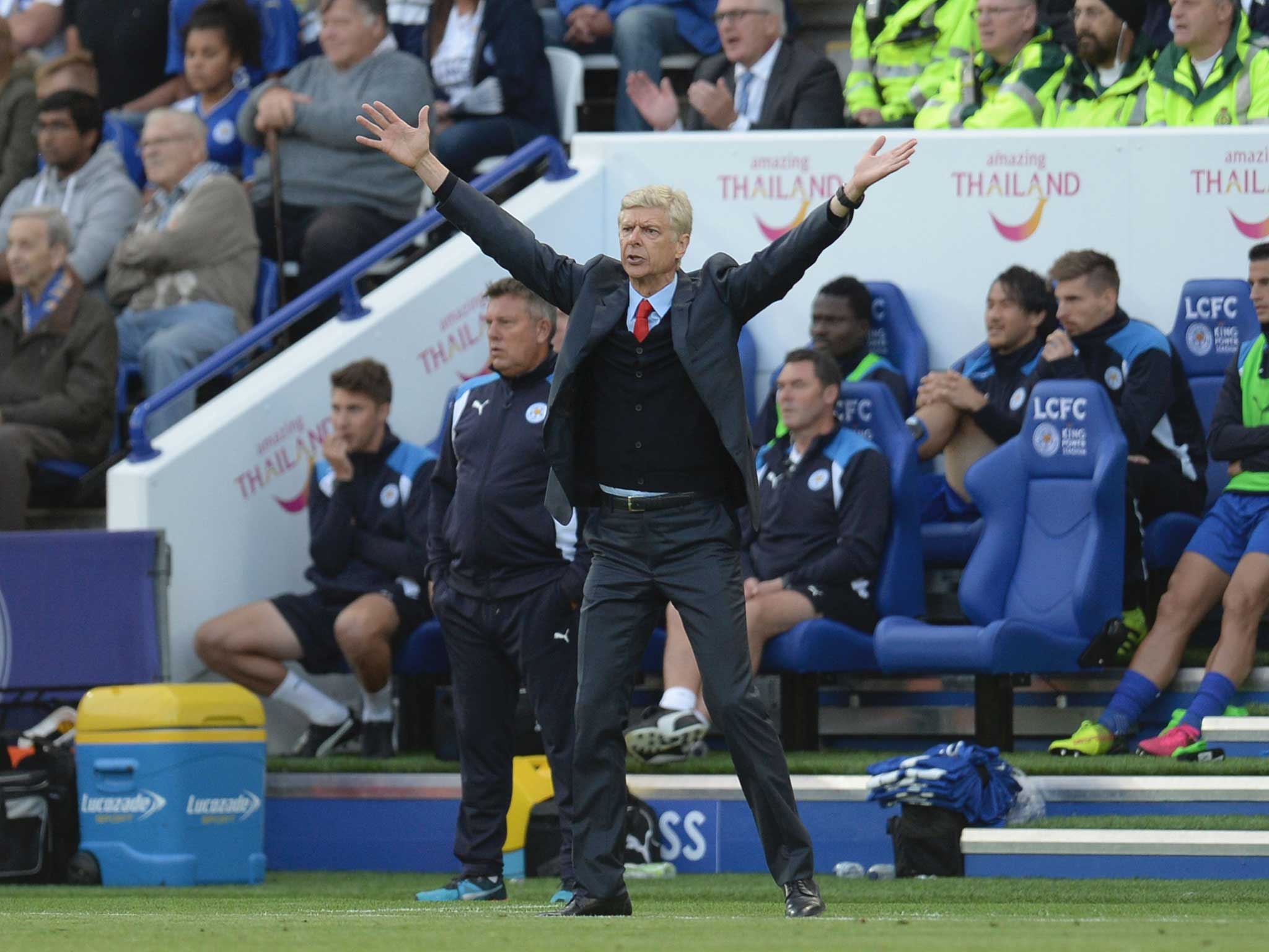 Arsene Wenger makes his protests known on the side-lines at Leicester