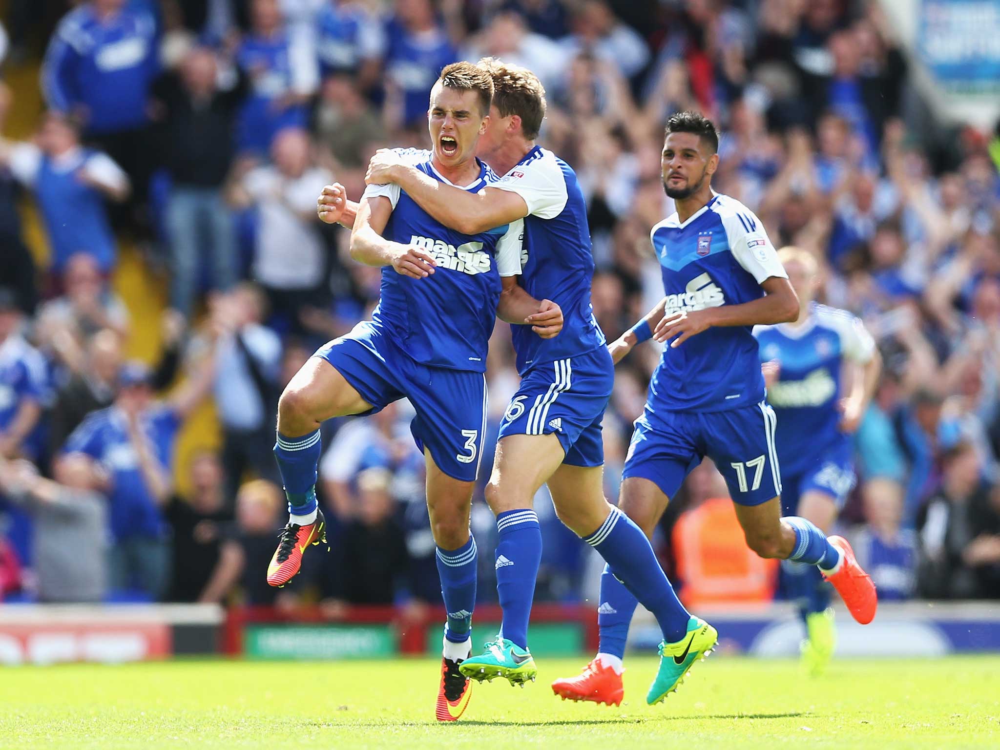 Jonas Knudsen celebrates scoring Ipswich's equaliser