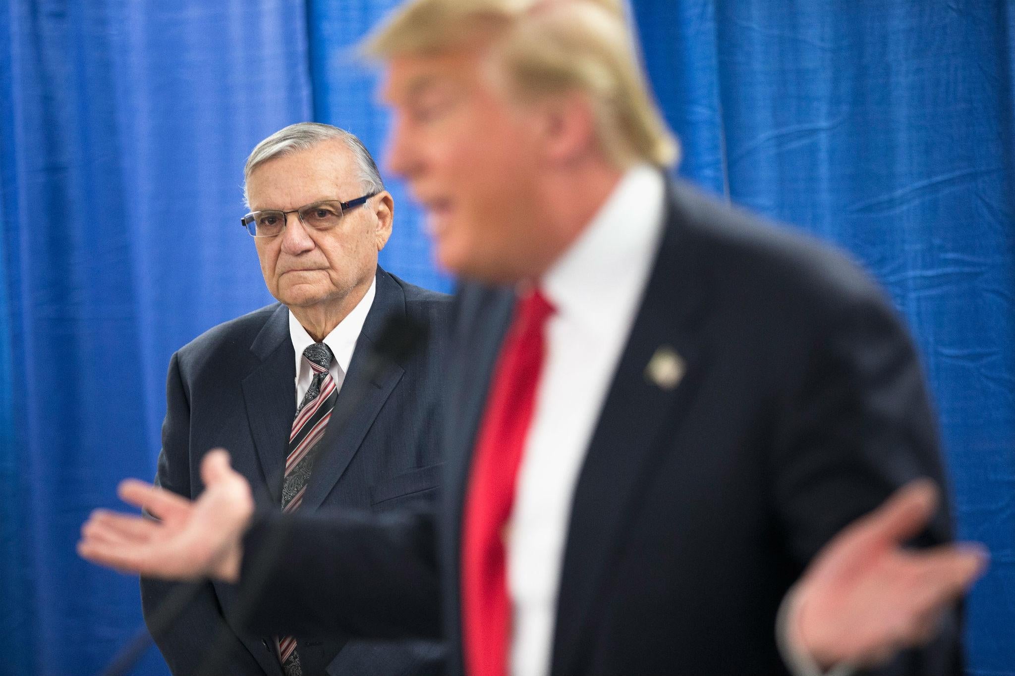 Joe Arpaio campaigning alongside Donald Trump in Iowa in January