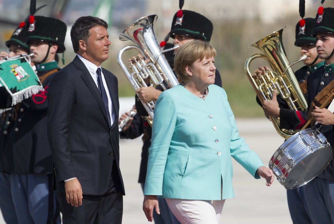 Angela Merkel and Italian prime minister Matteo Renzi in Naples on Monday, where they met with other leaders in a symbolic bid to relaunch the European project following the Brexit vote