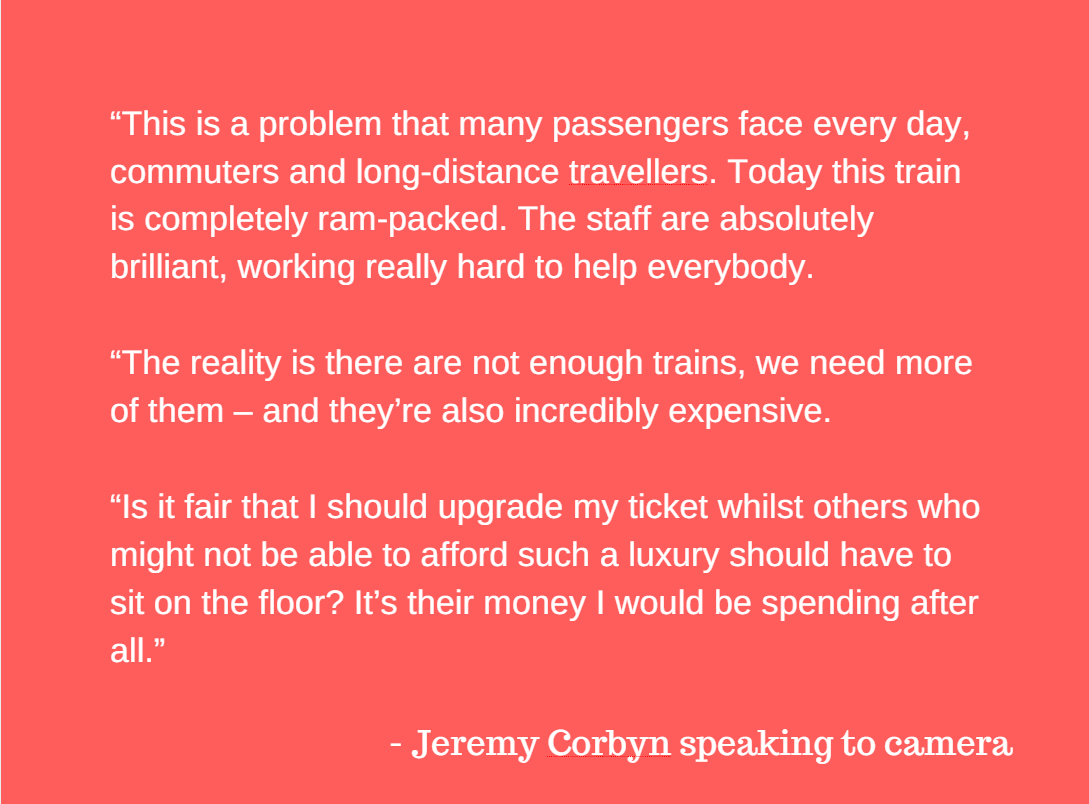 The Labour leader declares to camera while sitting on the floor: "This is a problem that many passengers face every day" (The Independent)