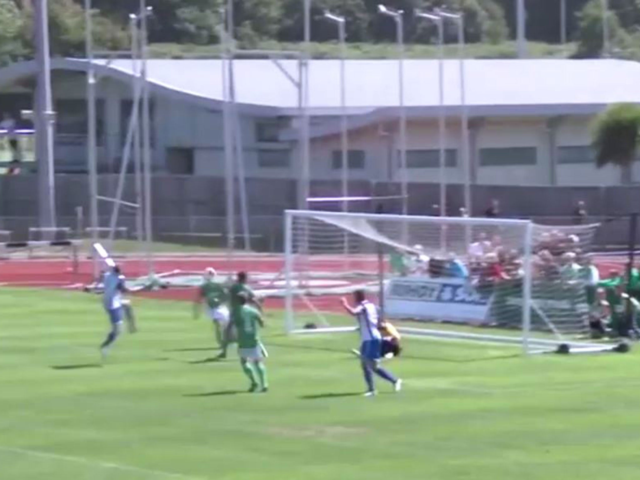 Thamesmead Town's Jack Mahoney capitalises on a sudden gust of wind to score