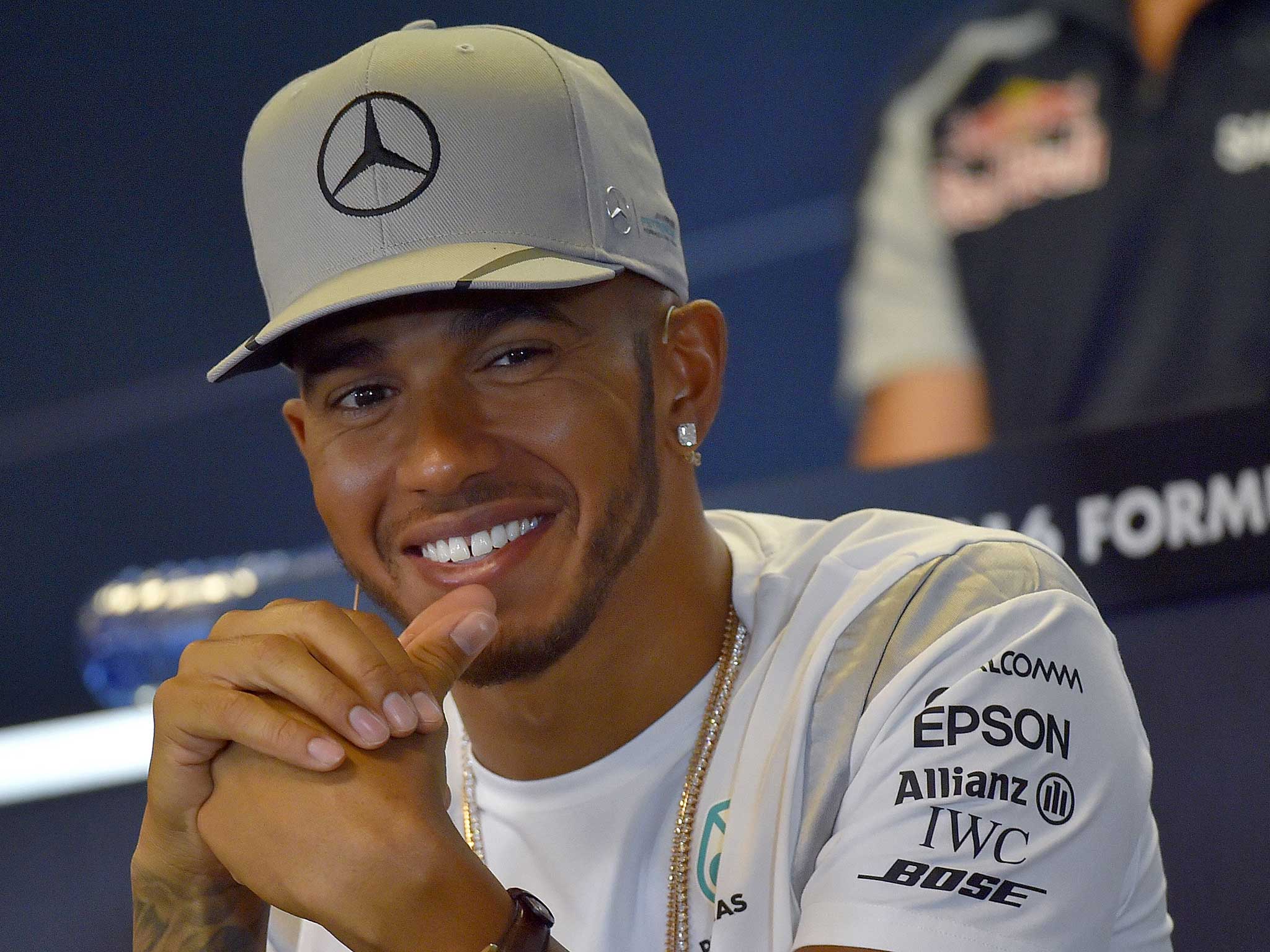 Lewis Hamilton addresses the media in Belgium
