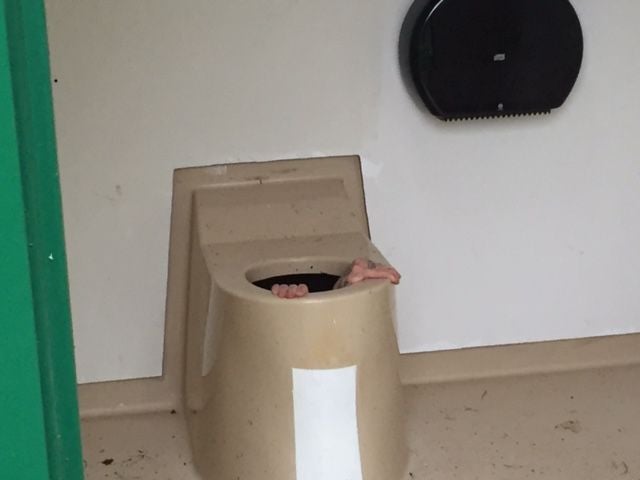 Cato Berntsen Larsen shown here stuck inside the toilet