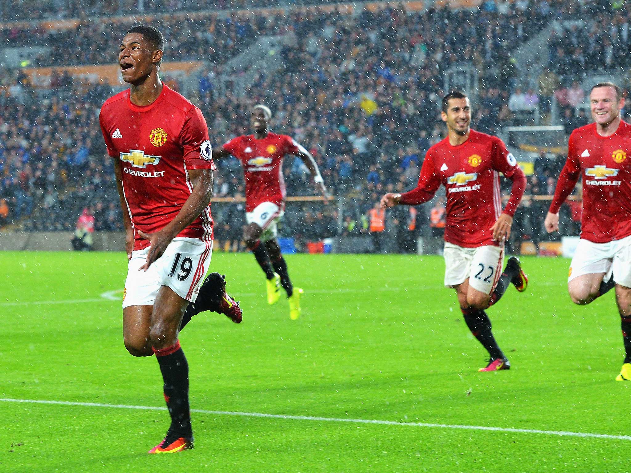 Marcus Rashford wheels away in delight after scoring Manchester United's winner