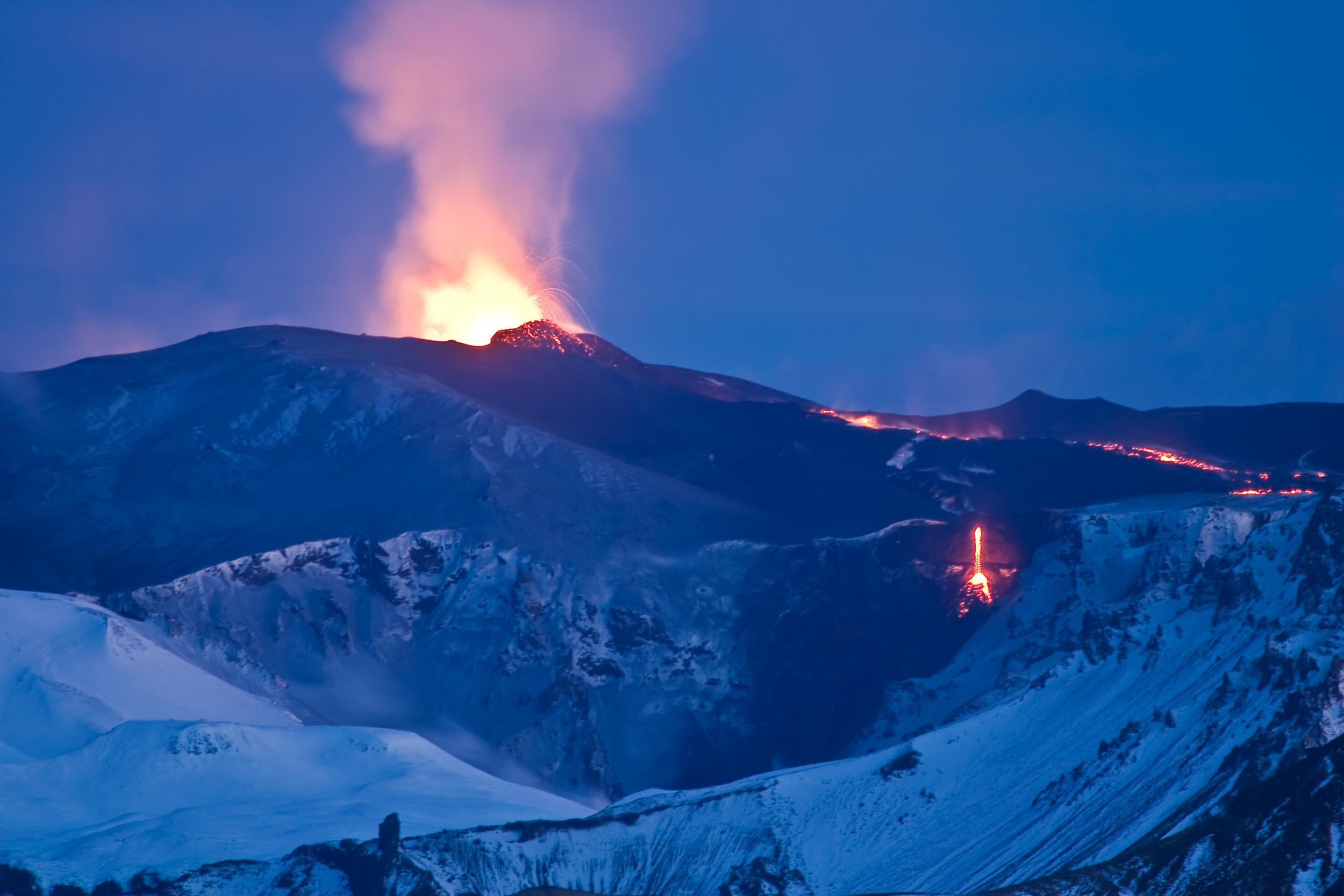 Katla rises 1,450 meters (4,757 feet) into the air on the North Atlantic island’s southern coast