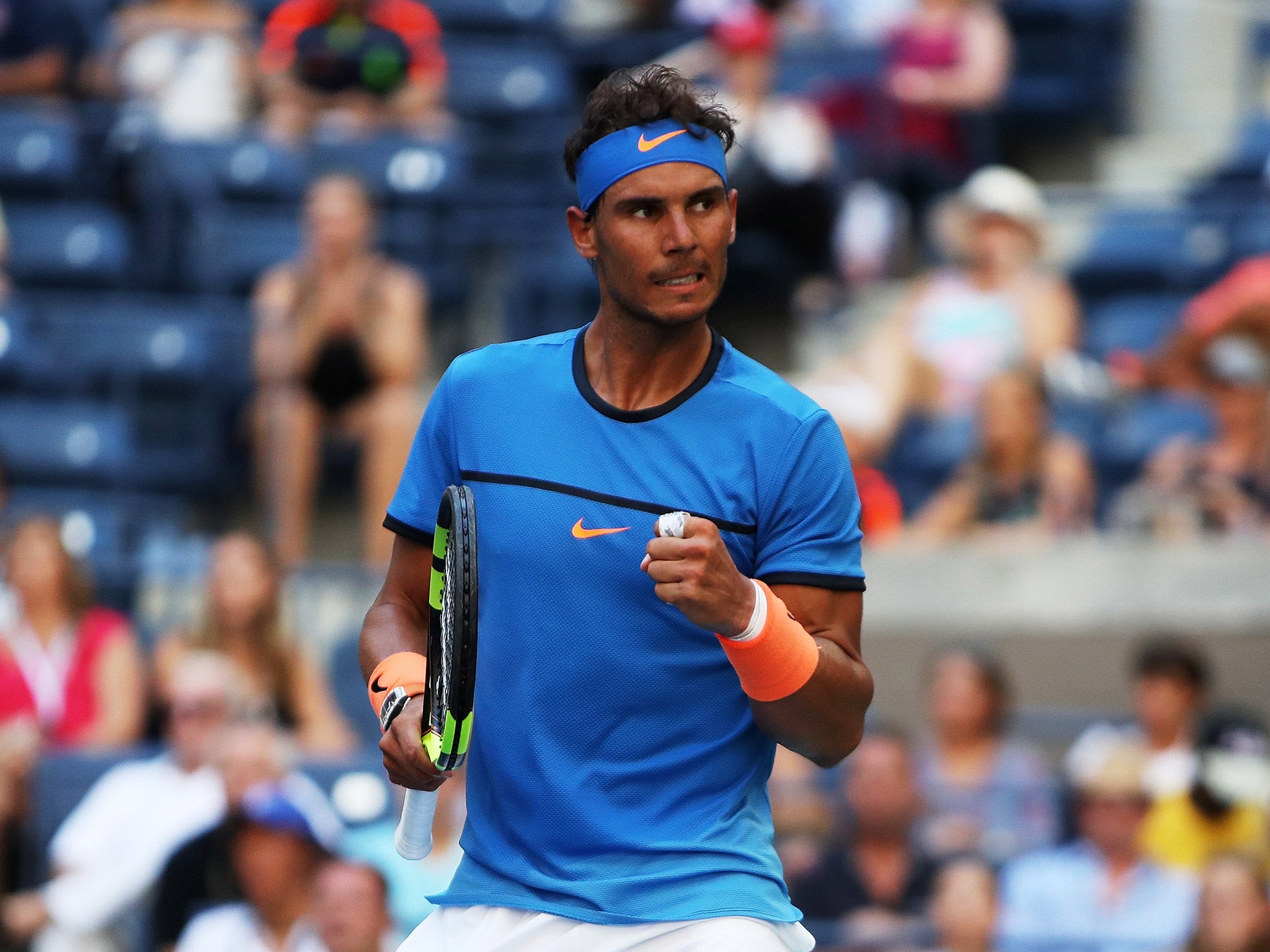 Rafael Nadal celebrates his victory over Stephane Robert in the first round