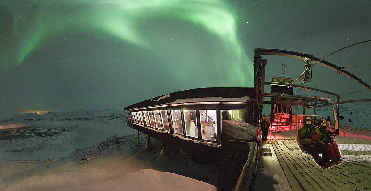 Spot the lights from the chairlift at Abisko Mountain Station, Sweden