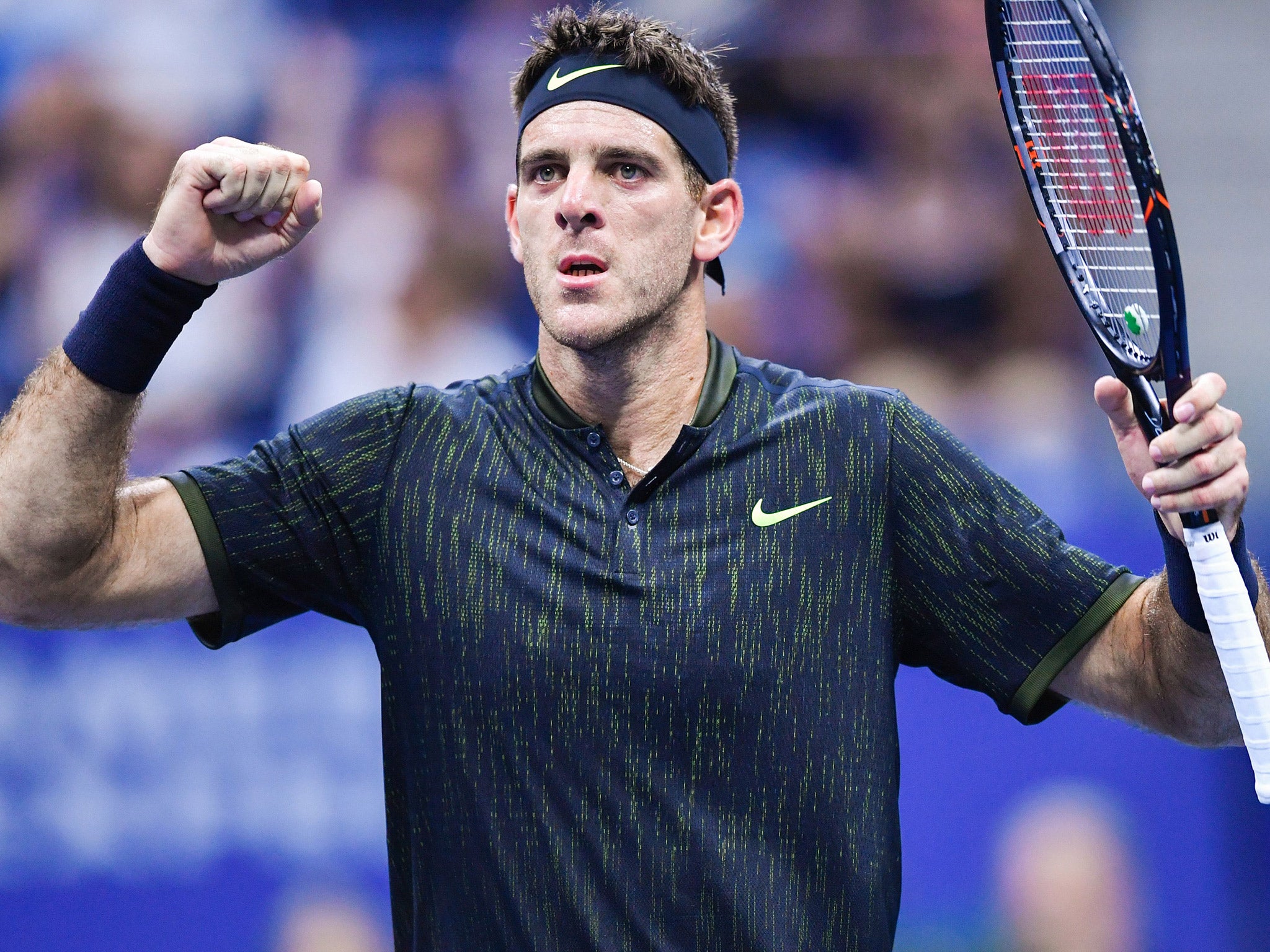 Juan Martin del Potro celebrates his victory over Steve Johnson in the US Open second round