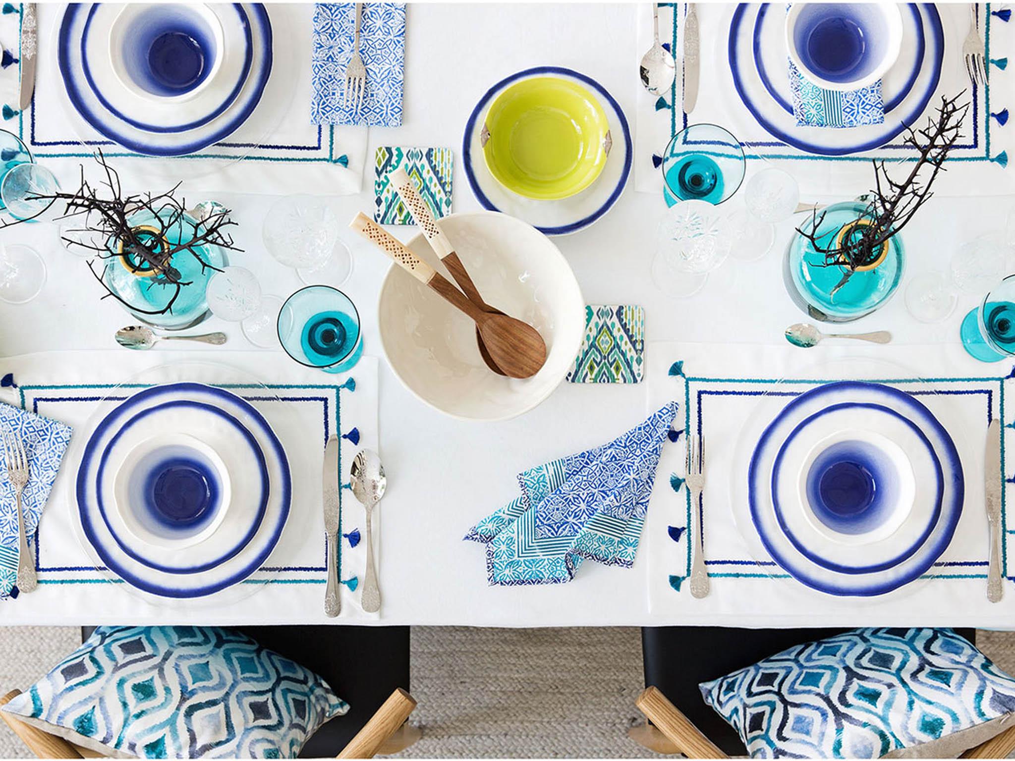 The Jaipur collection features crockery with blue ombre effect edge and turquoise glasses and starts from £3.99