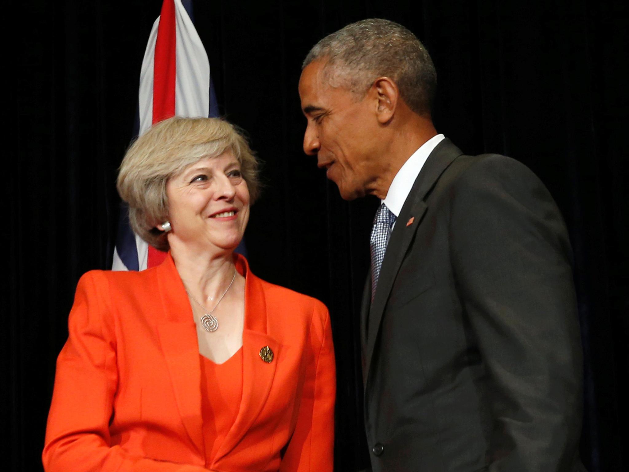 Theresa May and Barack Obama at the G20 Summit in Ming Yuan Hall at Westlake Statehouse in Hangzhou, China, on 4 September 2016