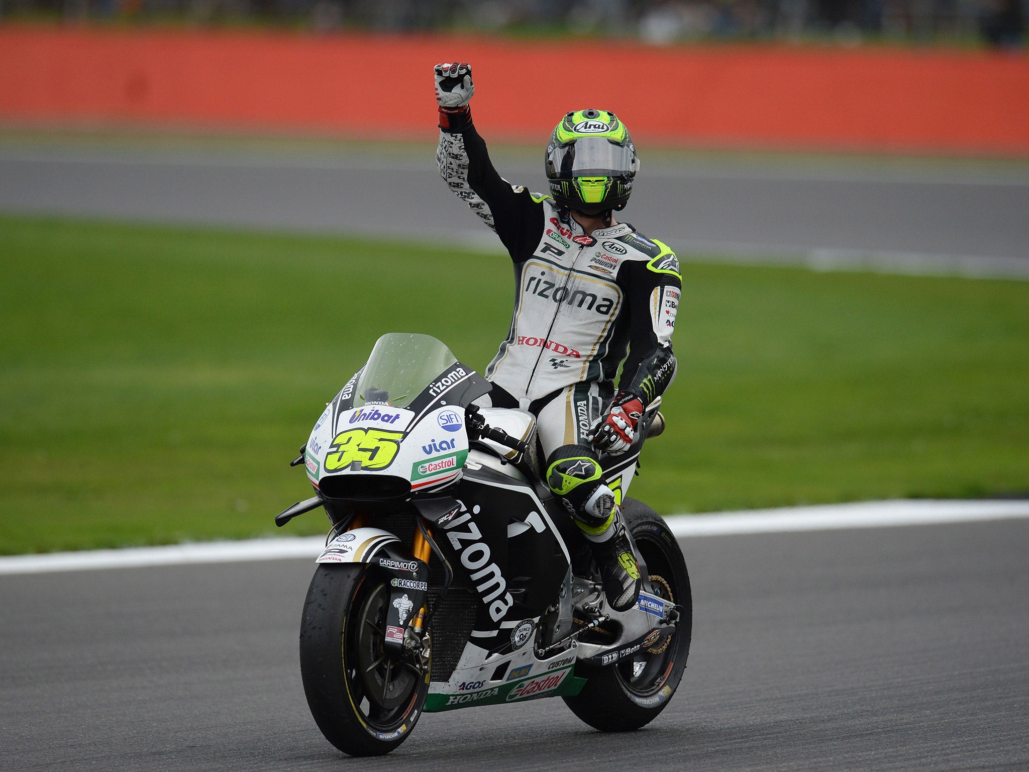 Cal Crutchlow celebrates finishing second in the British Grand Prix