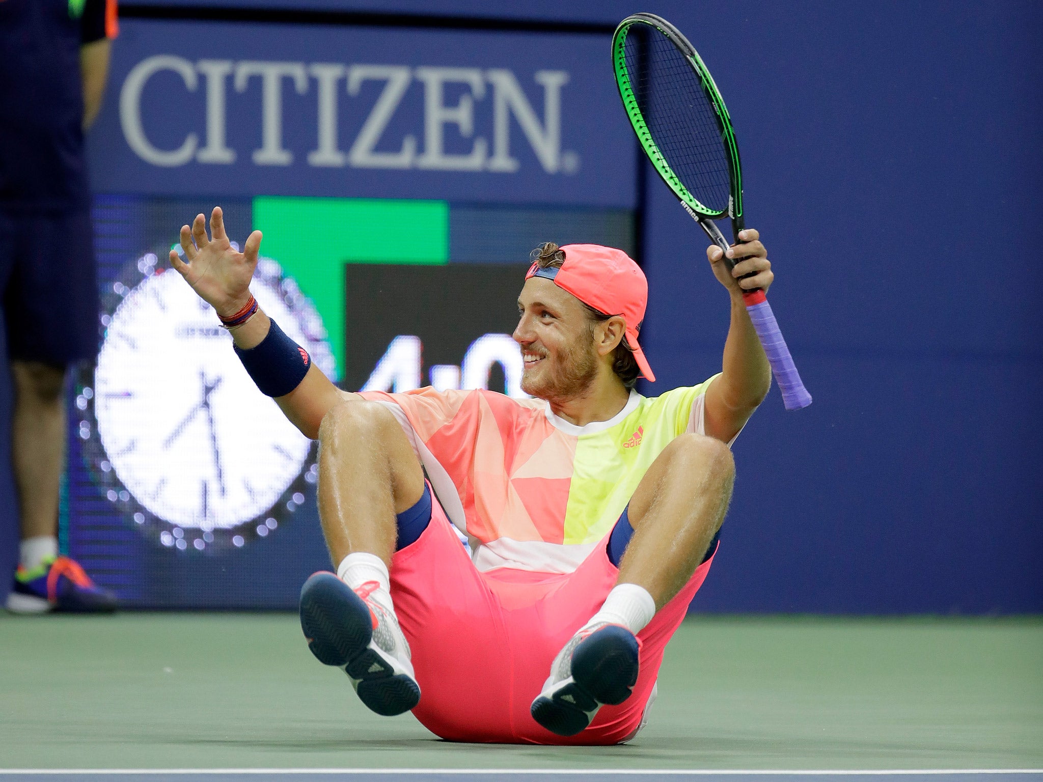 Pouille celebrates after hitting the winning point in his victory over Nadal