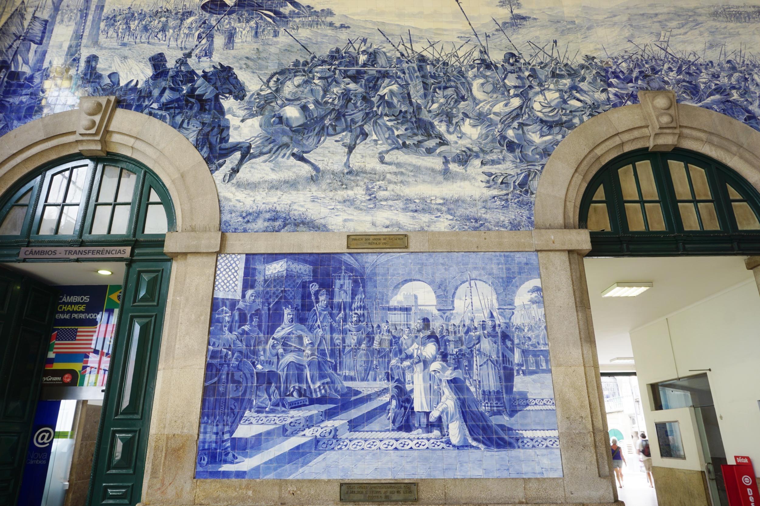 The traditional glazed blue and white azulejo tiling in Porto’s Sao Bento railway station