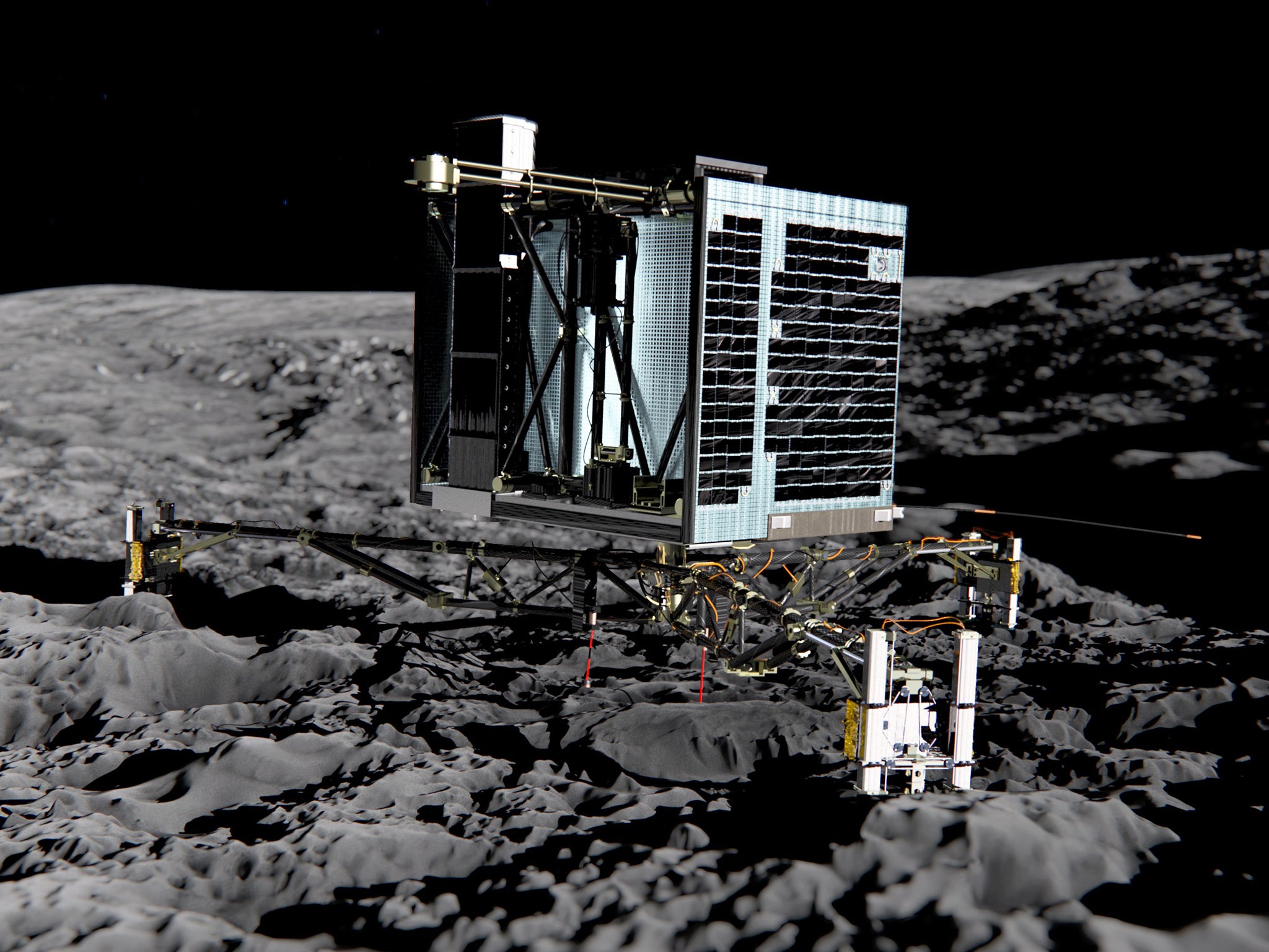 An artist's impression of Rosettas lander Philae (back view) on the surface of comet 67P/Churyumov-Gerasimenko.