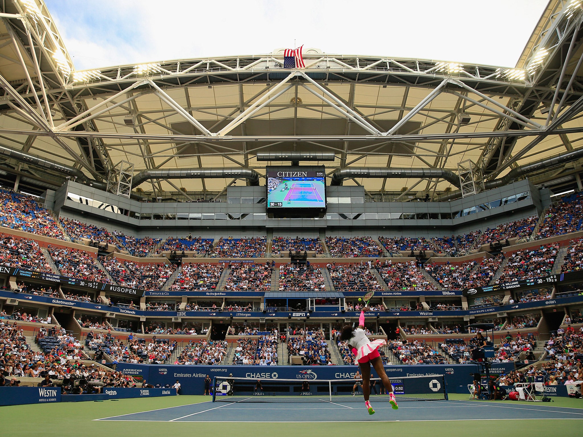 Serena Williams in action on the Arthur Ashe Court against Yaroslava Shvedova