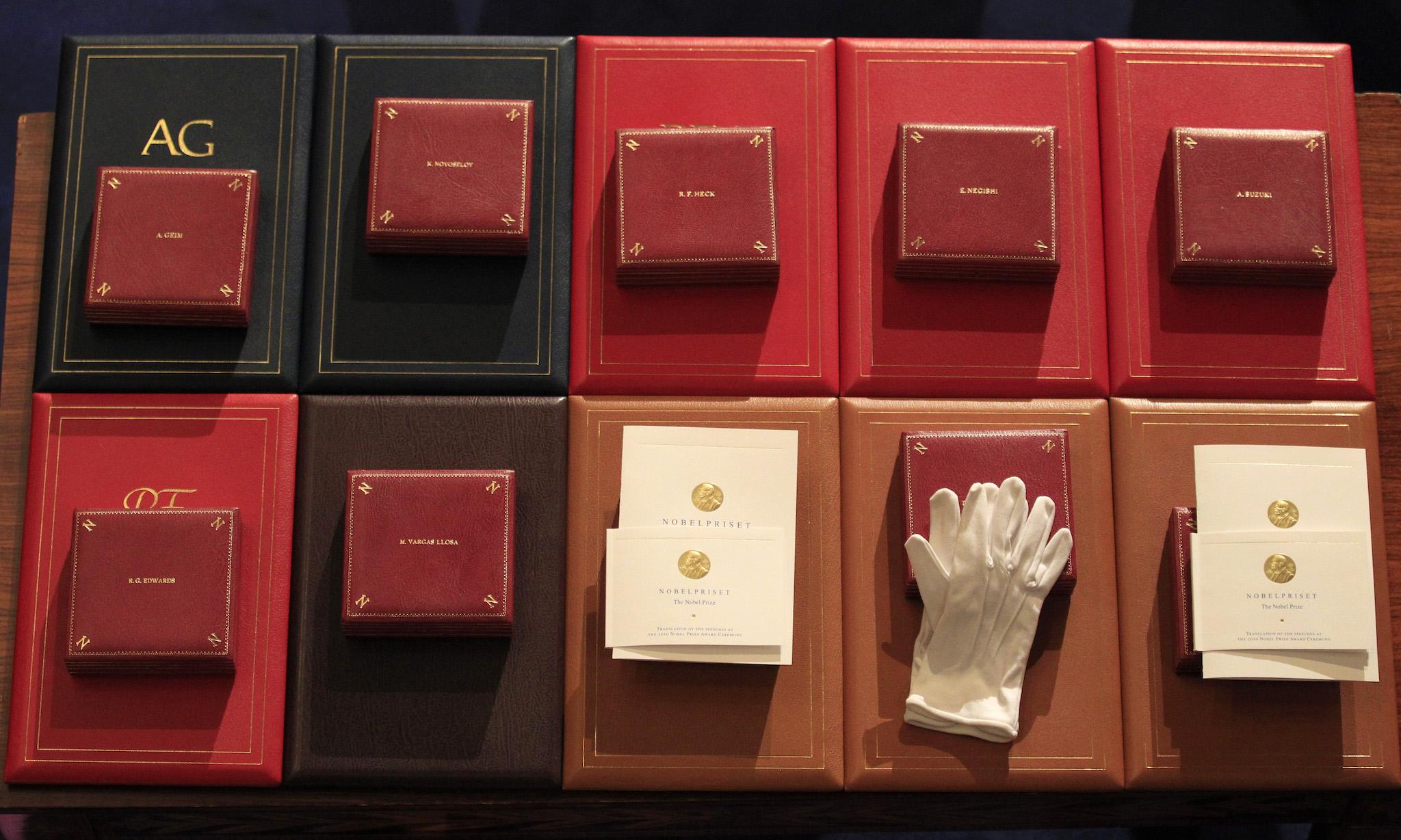 The prizes for the 2010 Nobel Prize winners are seen before the award ceremony at the Concert Hall in Stockholm December 10, 2010