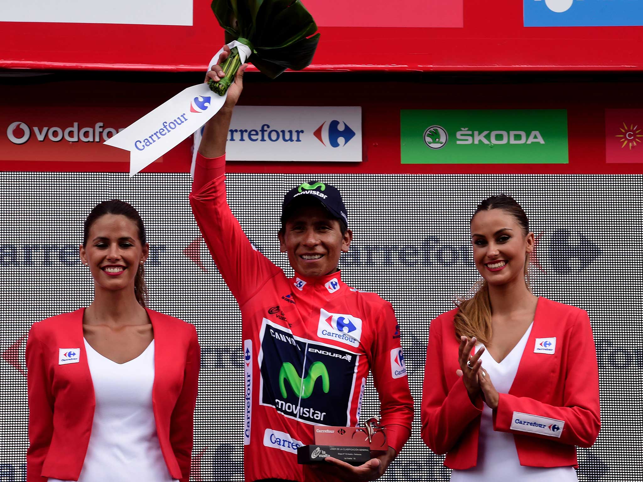 Nairo Quintana celebrates retaining the red jersey at Stage 16