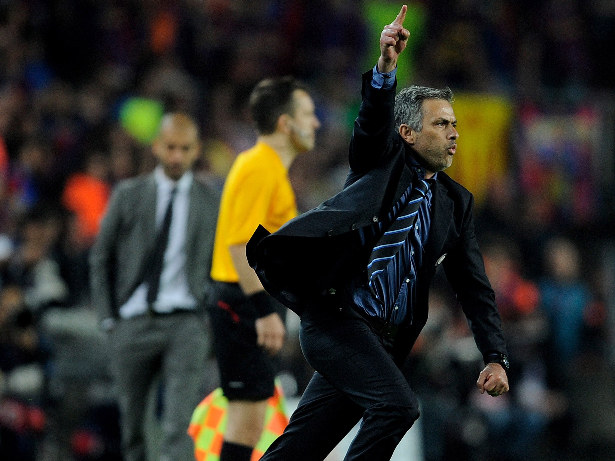 Mourinho's celebration at the Nou Camp after Inter's victory remains one of his most memorable